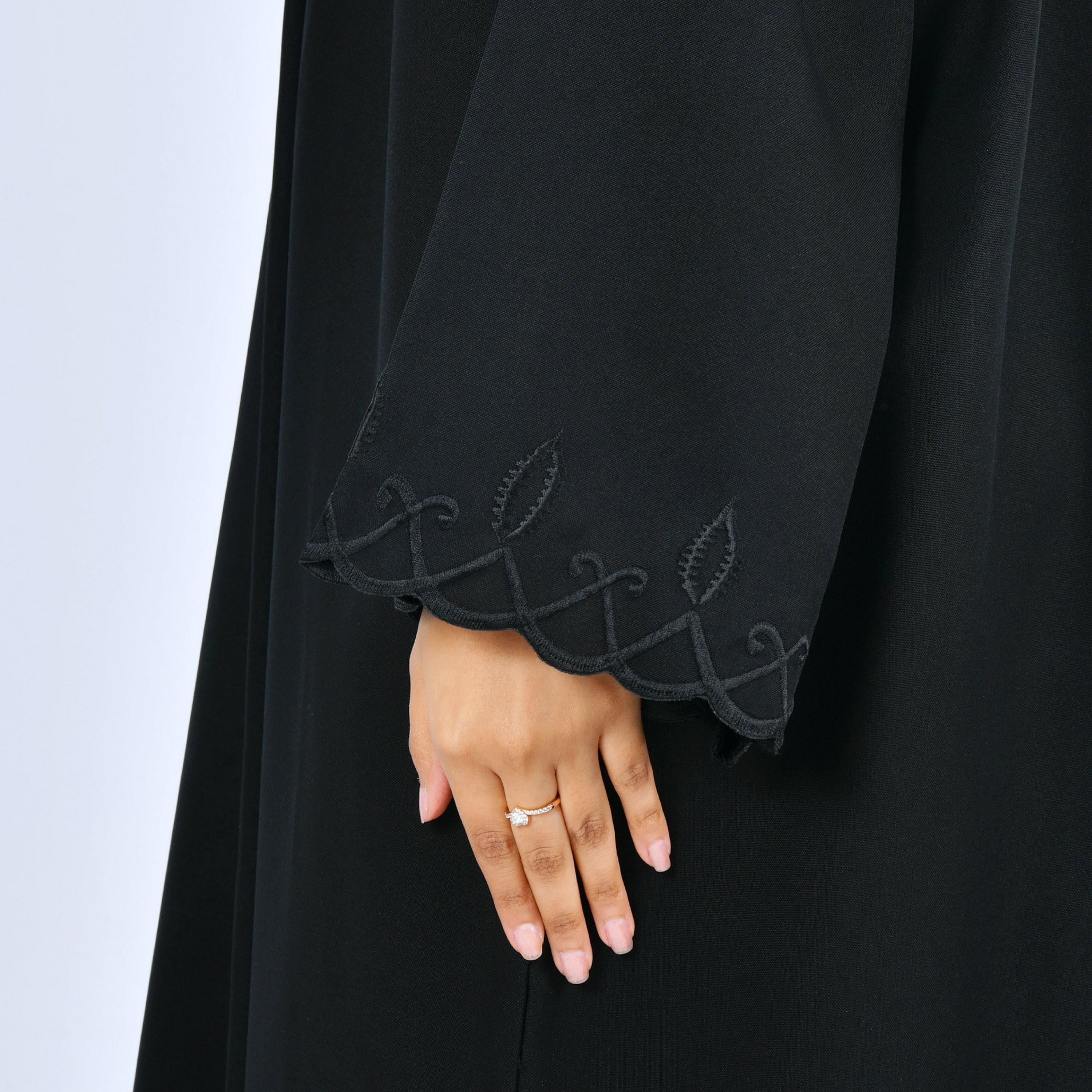 Lamha Black Embroidered Flared Sleeves Linen Women's Abaya-women-arabicclothing-abayas-image-3