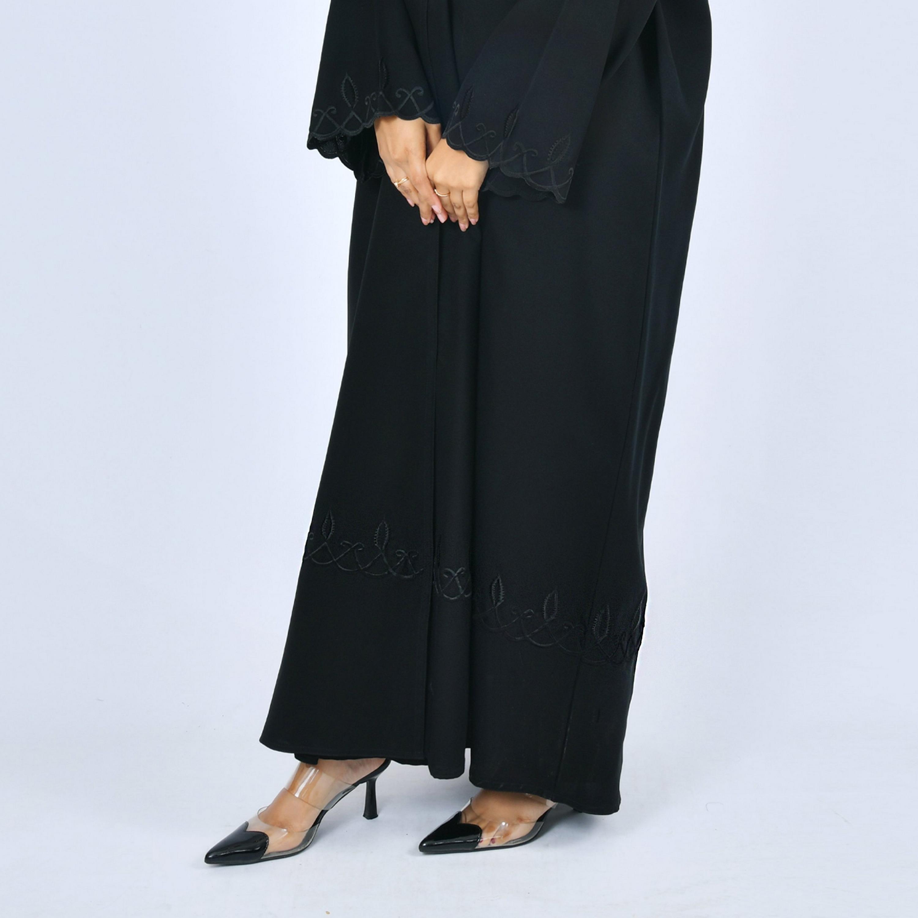 Lamha Black Embroidered Flared Sleeves Linen Women's Abaya-women-arabicclothing-abayas-image-4