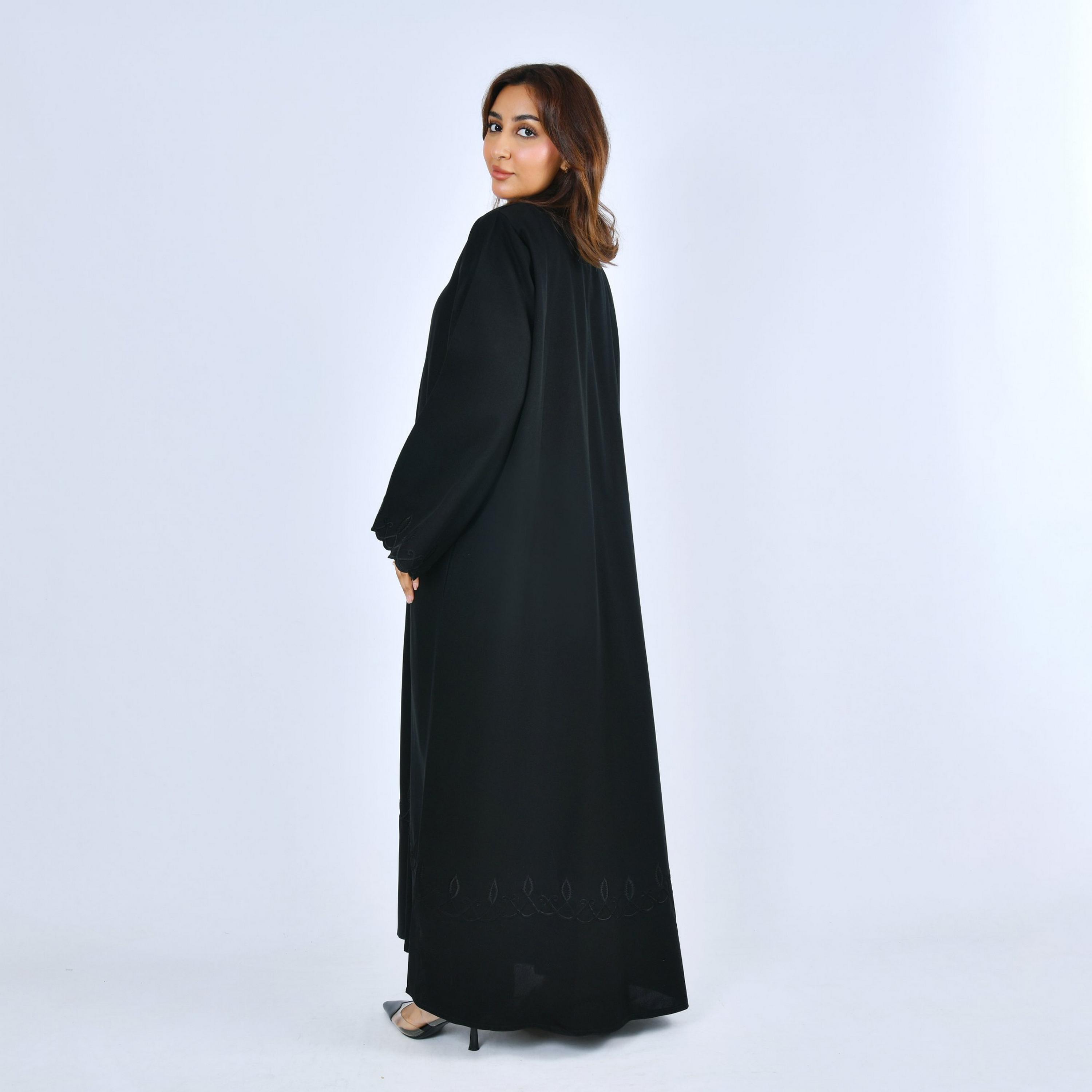 Lamha Black Embroidered Flared Sleeves Linen Women's Abaya-women-arabicclothing-abayas-image-5