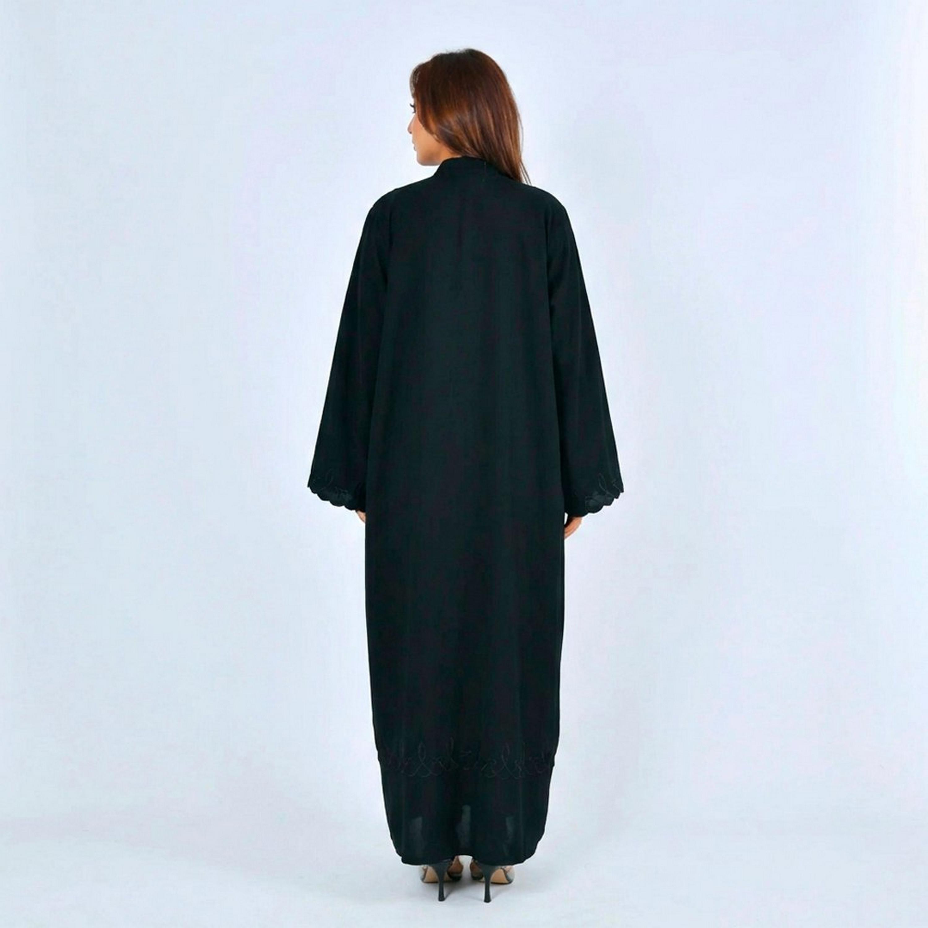 Lamha Black Embroidered Flared Sleeves Linen Women's Abaya-women-arabicclothing-abayas-image-6