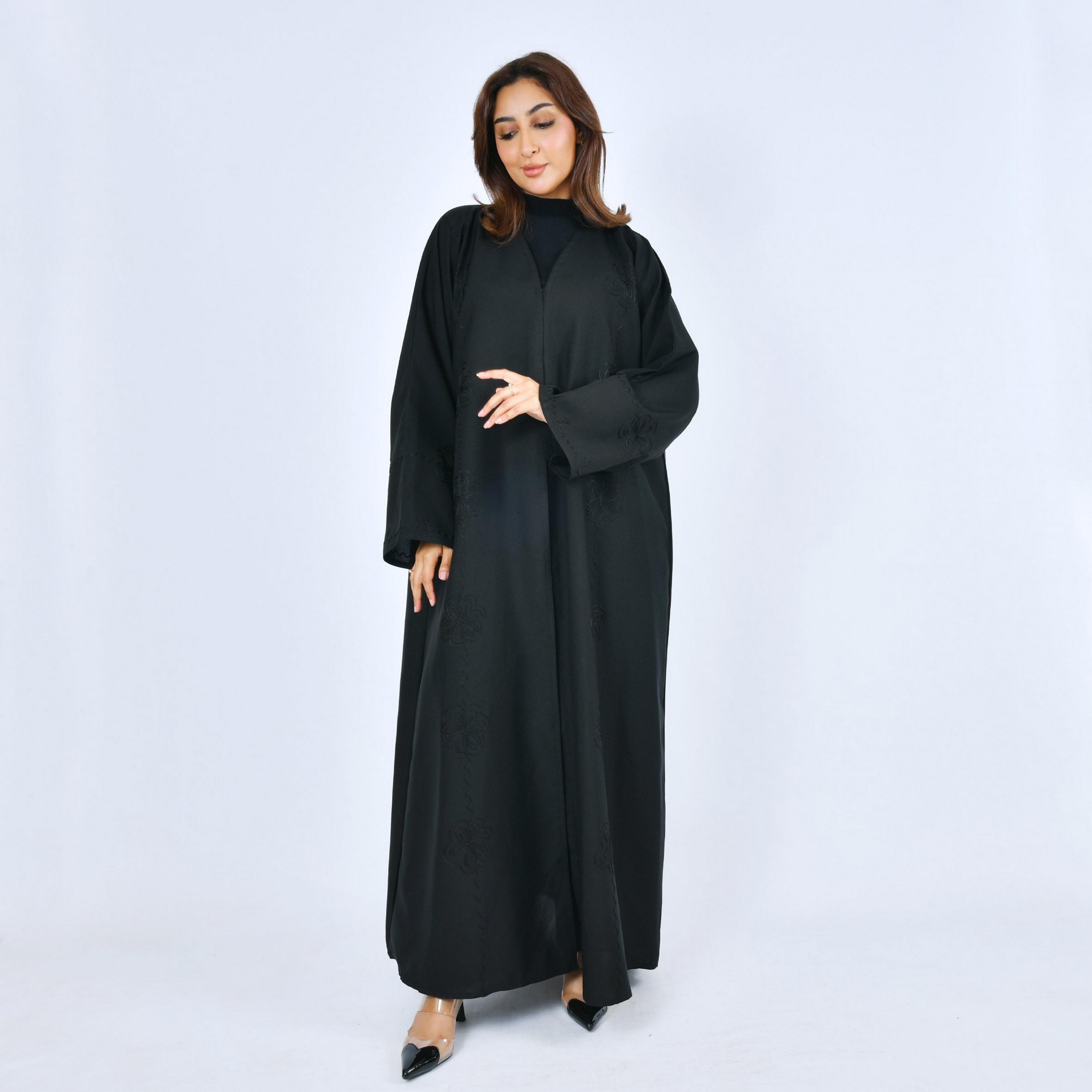 Lamha Black Embroidered Linen Women's Abaya-women-arabicclothing-abayas-image-1