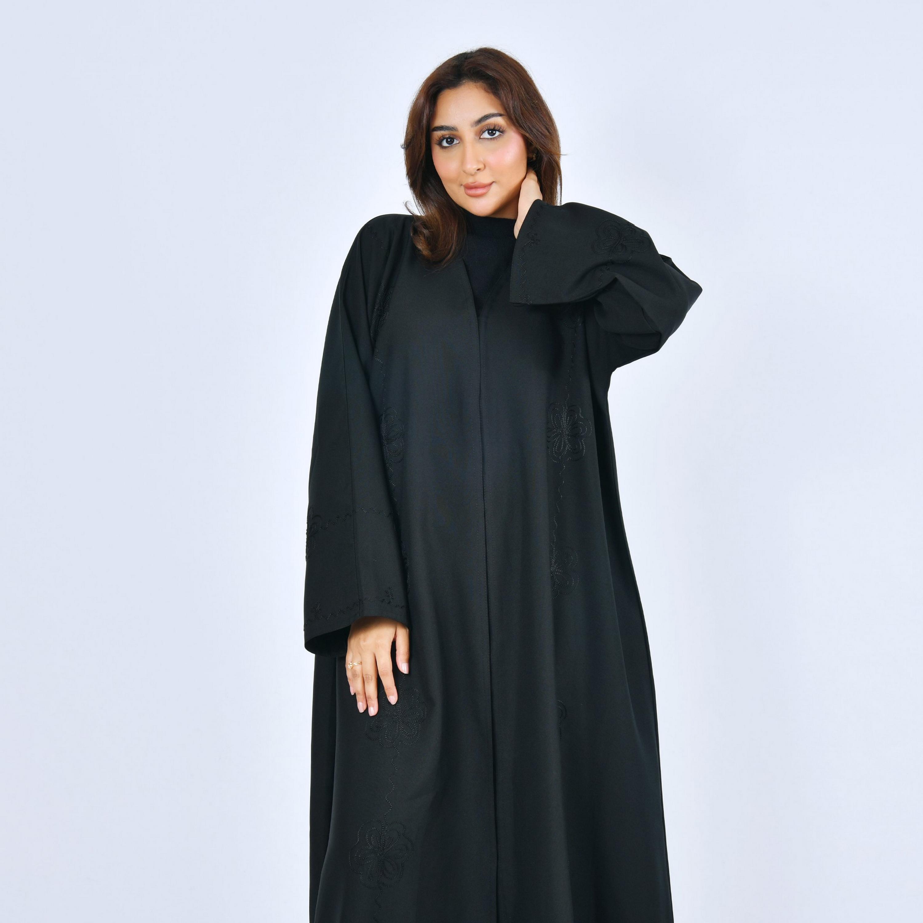 Lamha Black Embroidered Linen Women's Abaya-women-arabicclothing-abayas-image-2