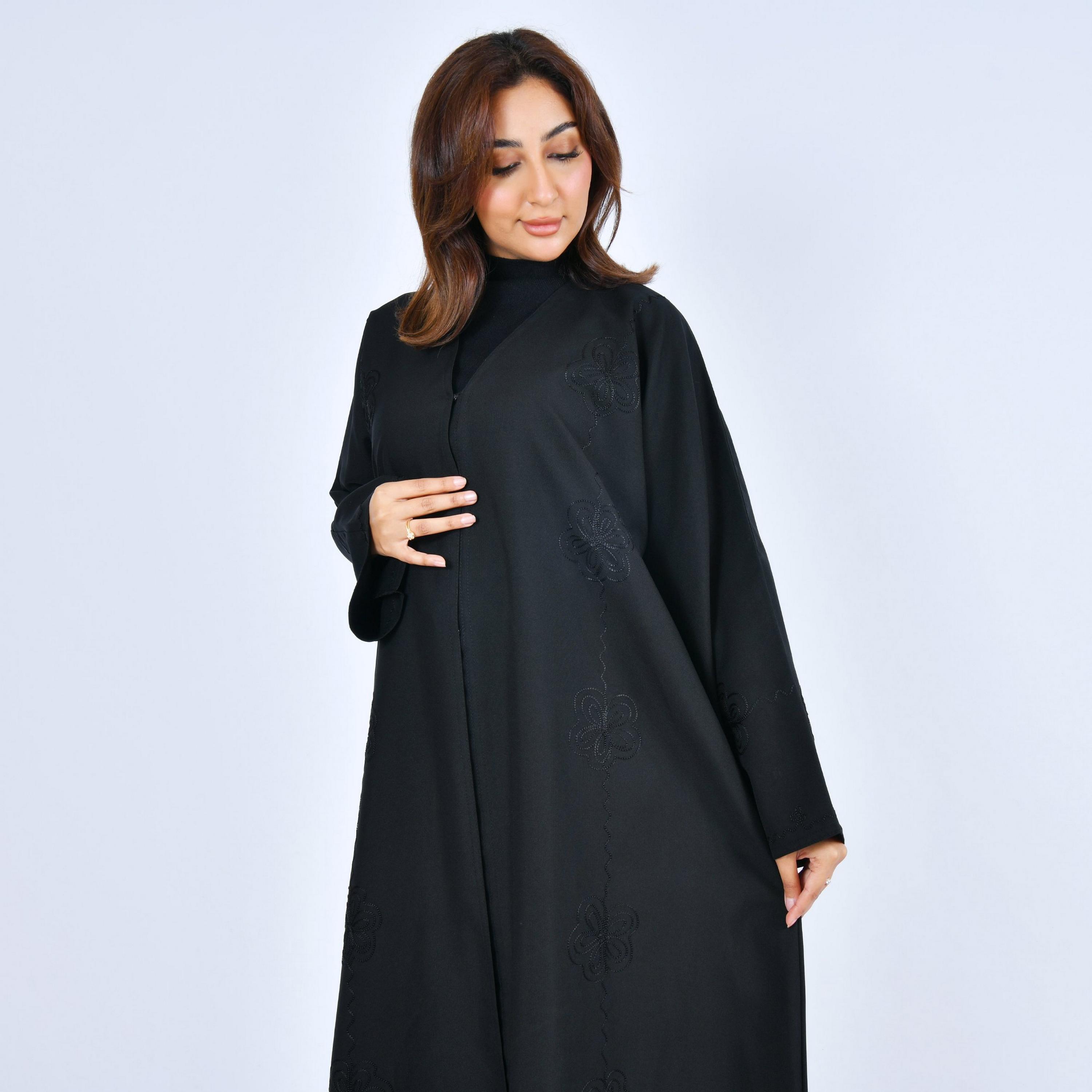 Lamha Black Embroidered Linen Women's Abaya-women-arabicclothing-abayas-image-3