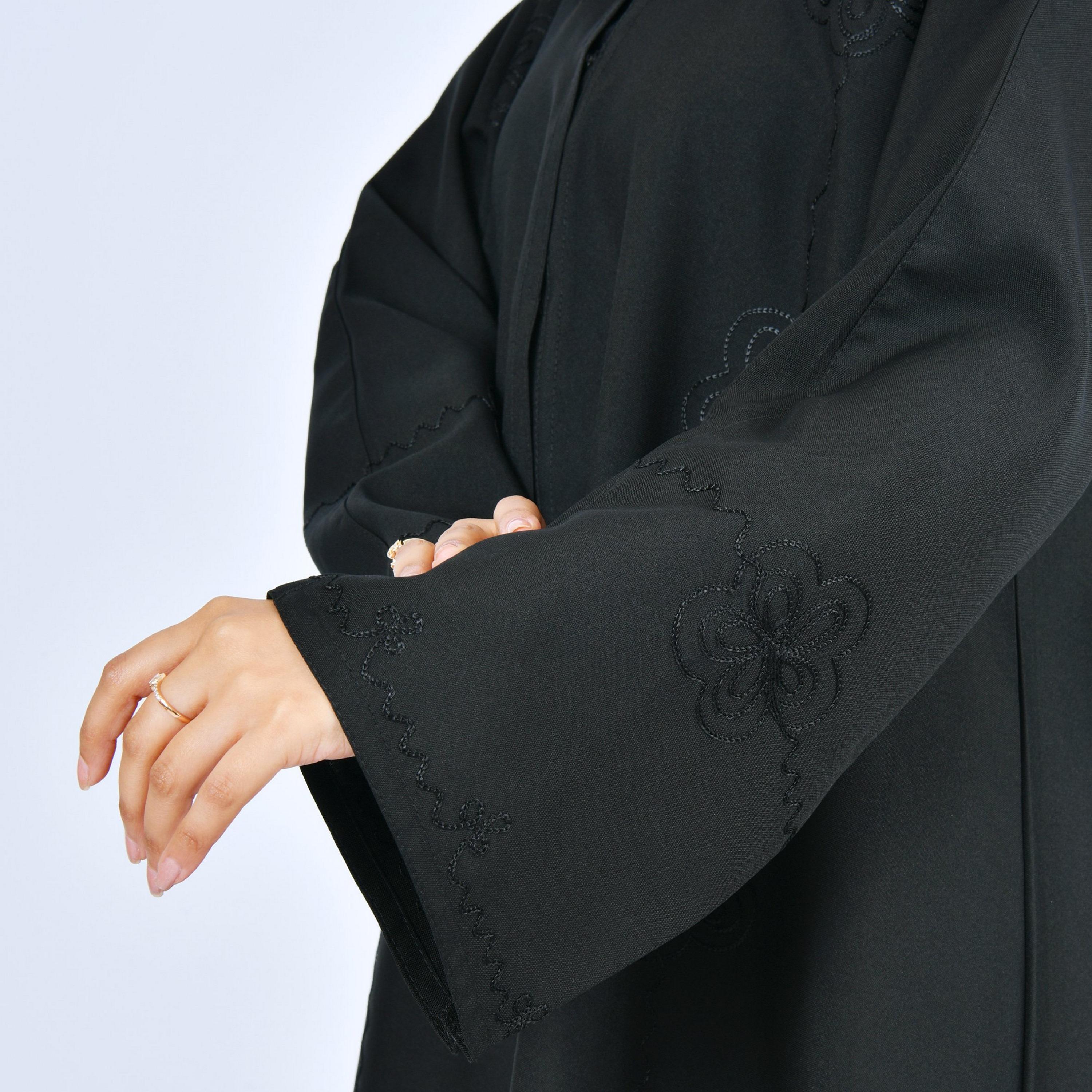 Lamha Black Embroidered Linen Women's Abaya-women-arabicclothing-abayas-image-4