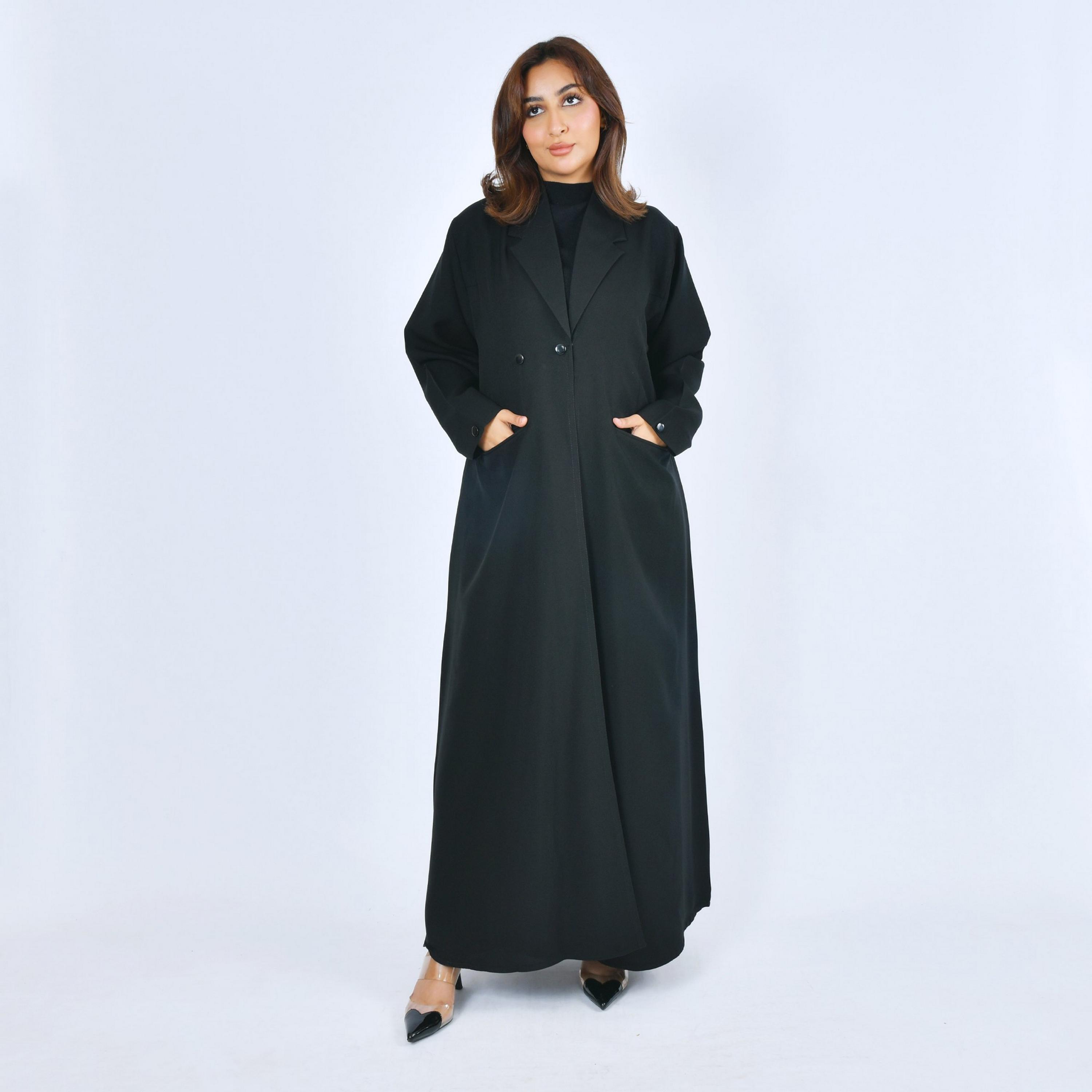 Lamha Black Lapel Collar Linen Women's Formal Blazer Style Abaya-women-arabicclothing-abayas-image-1