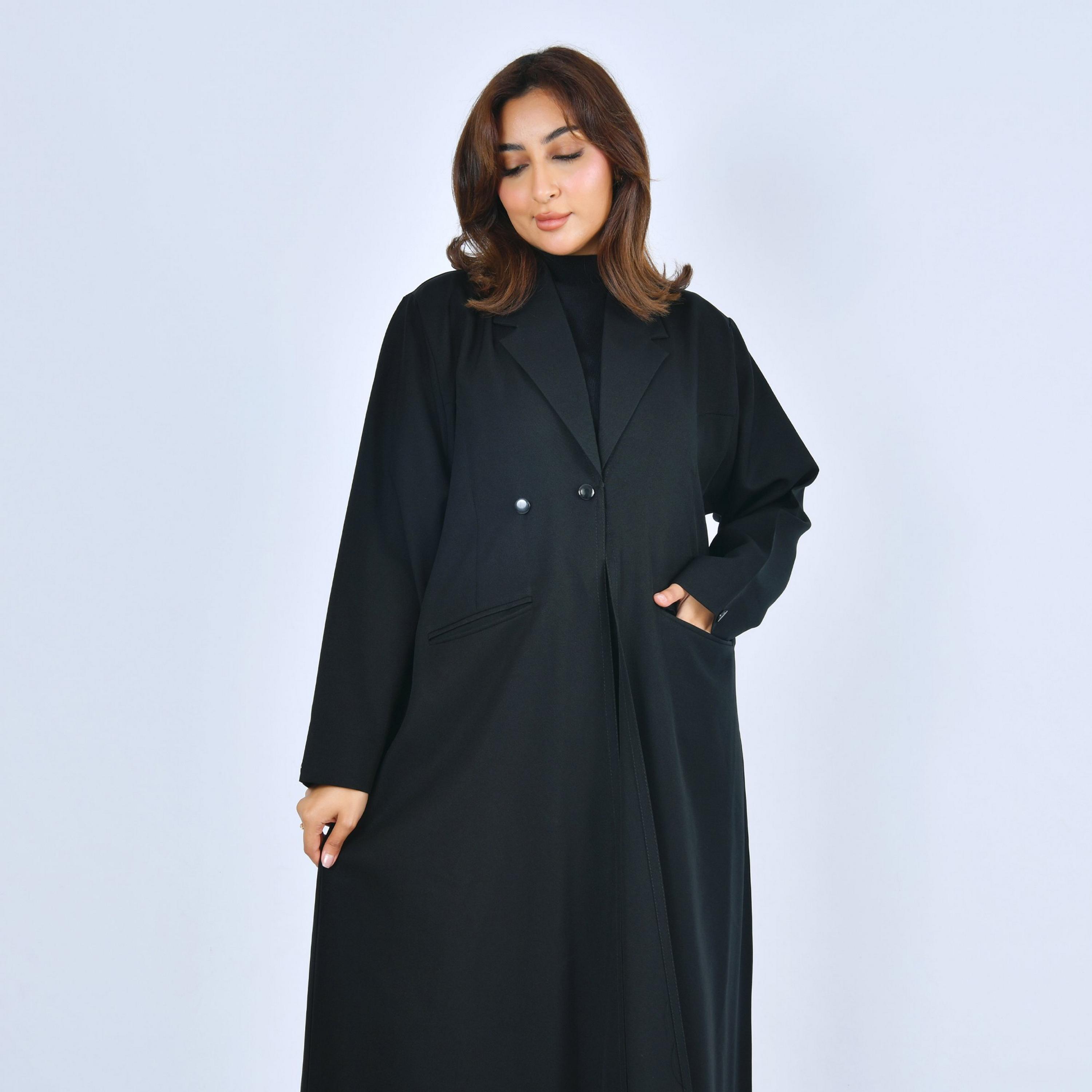 Lamha Black Lapel Collar Linen Women's Formal Blazer Style Abaya-women-arabicclothing-abayas-image-2