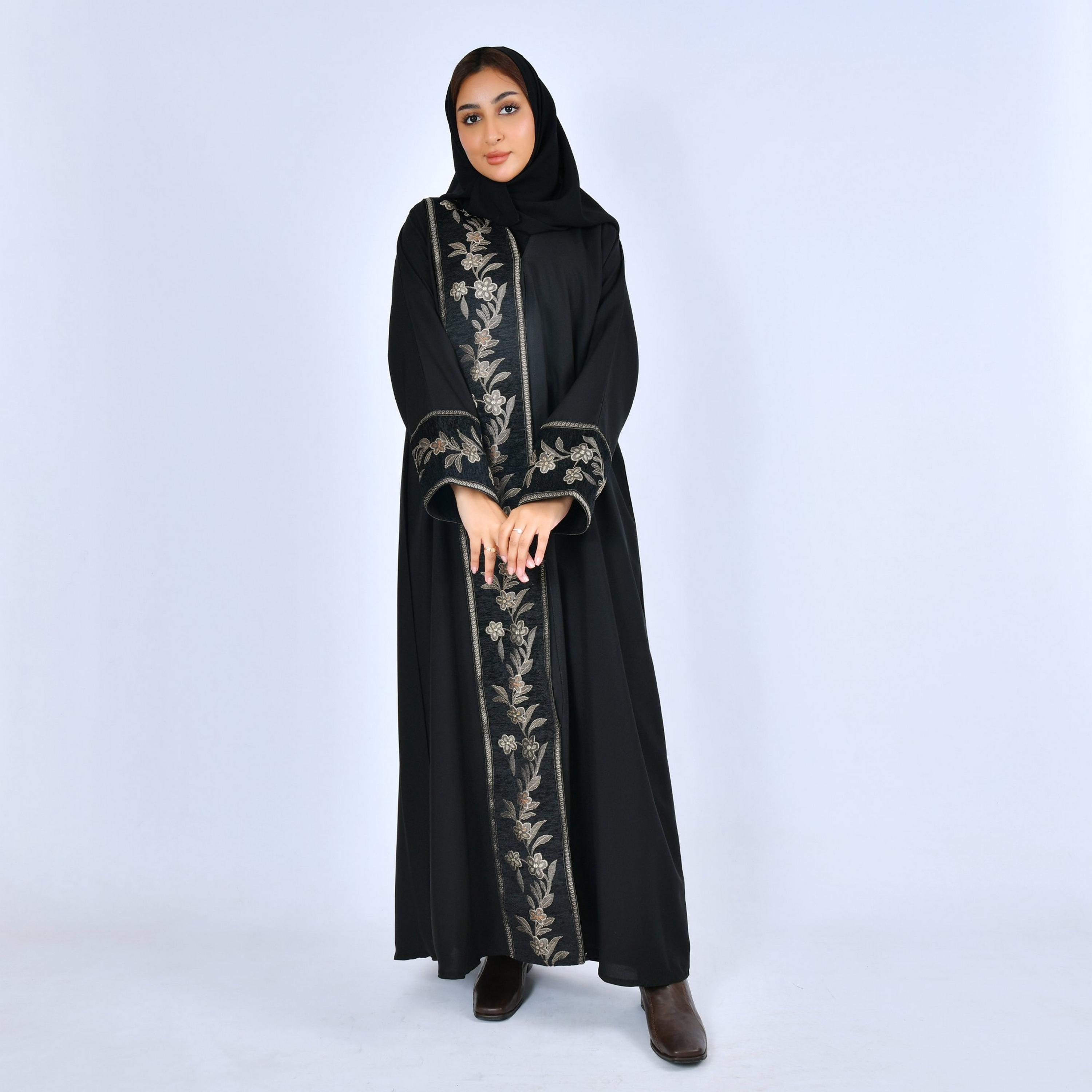 Lamha Black Floral Embroidered Linen Women's Abaya with Hijab-women-arabicclothing-abayas-image-1
