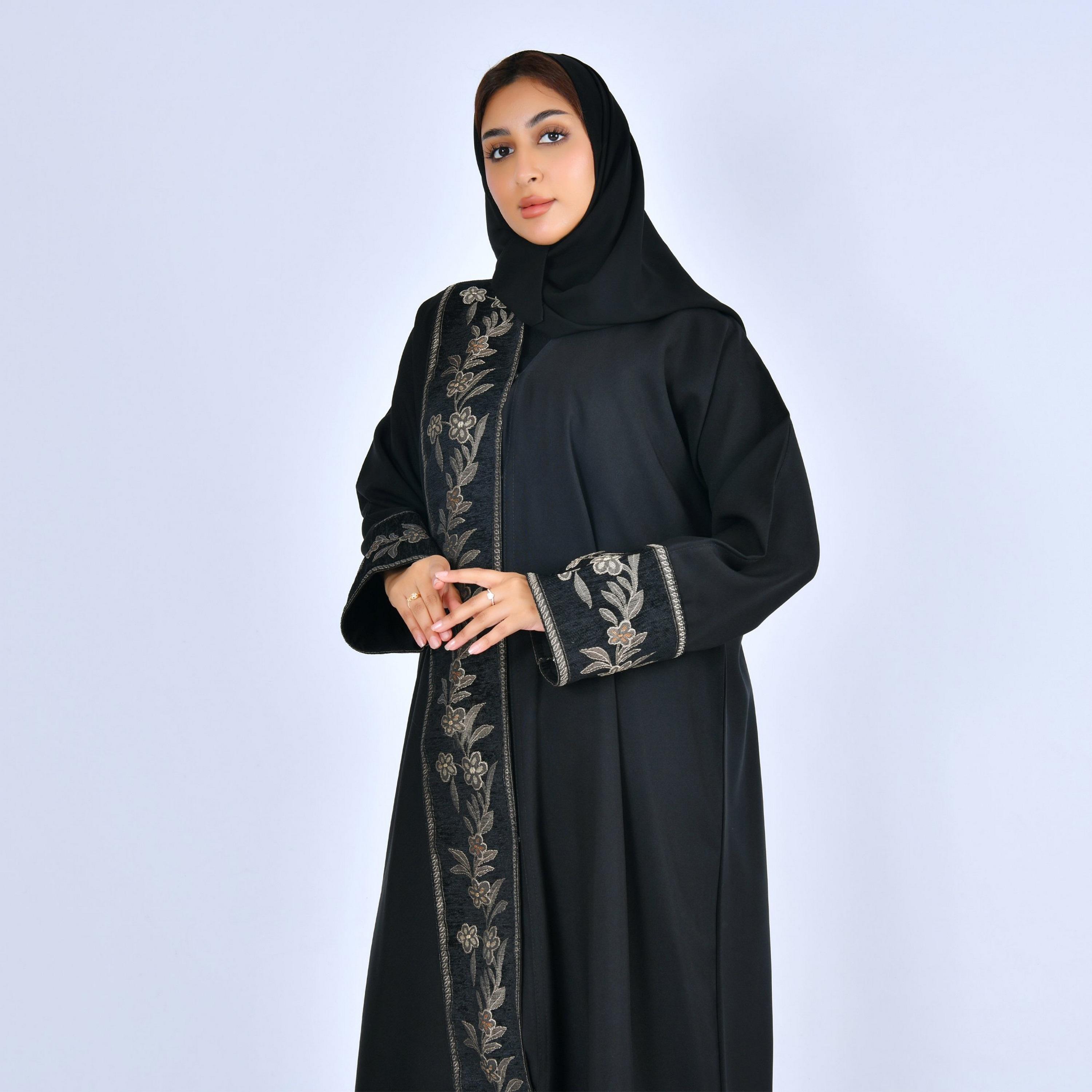 Lamha Black Floral Embroidered Linen Women's Abaya with Hijab-women-arabicclothing-abayas-image-2