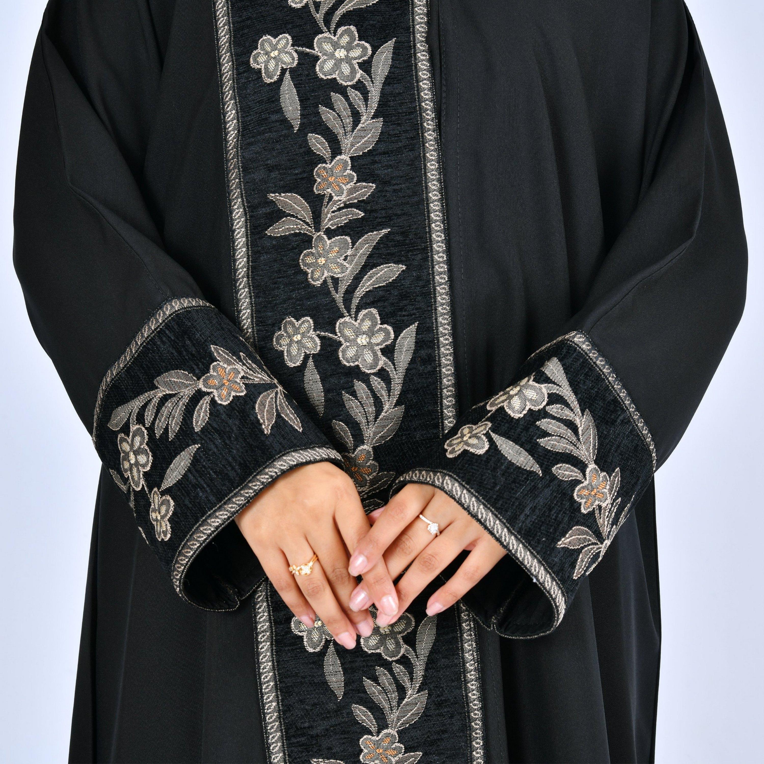 Lamha Black Floral Embroidered Linen Women's Abaya with Hijab-women-arabicclothing-abayas-image-3
