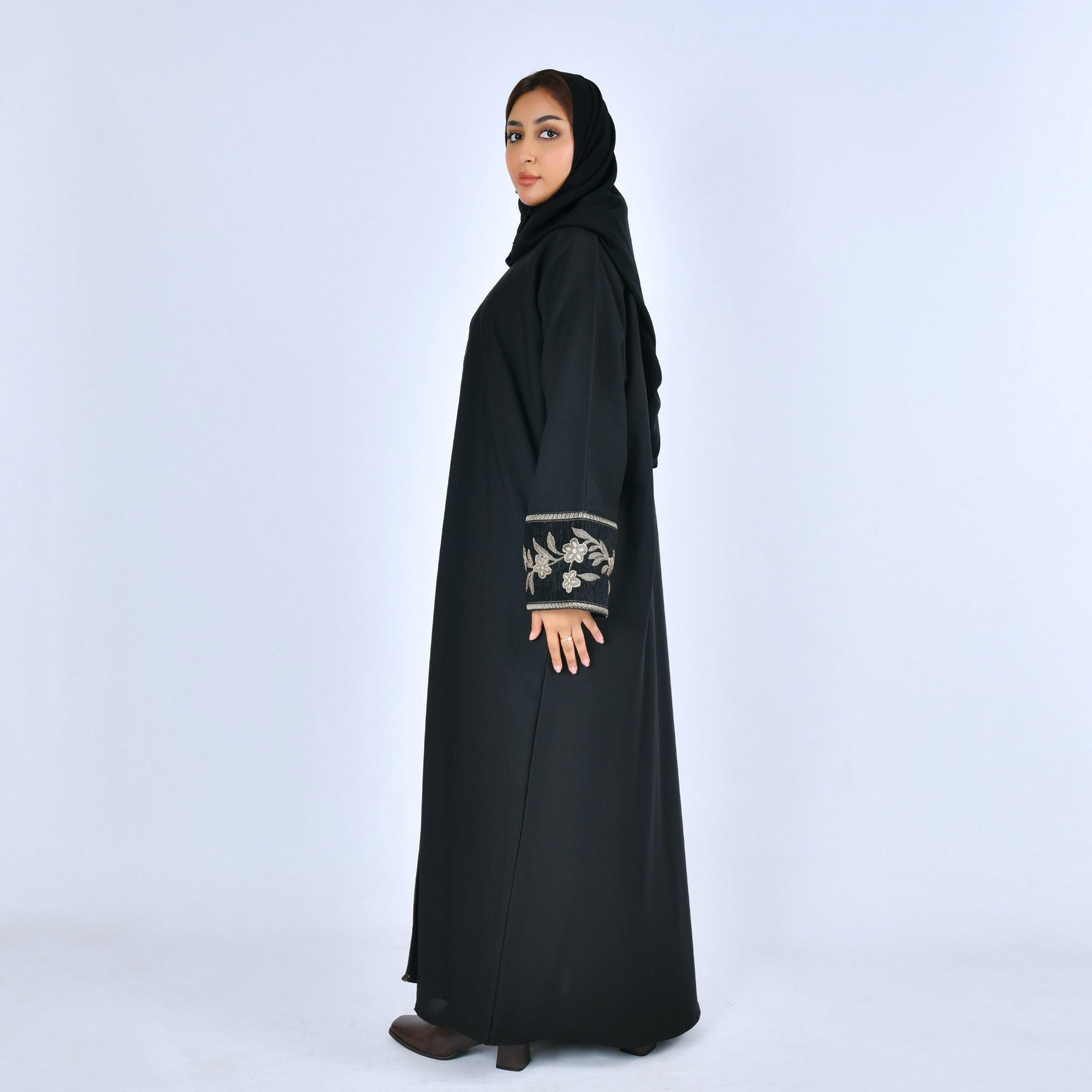 Lamha Black Floral Embroidered Linen Women's Abaya with Hijab-women-arabicclothing-abayas-image-5