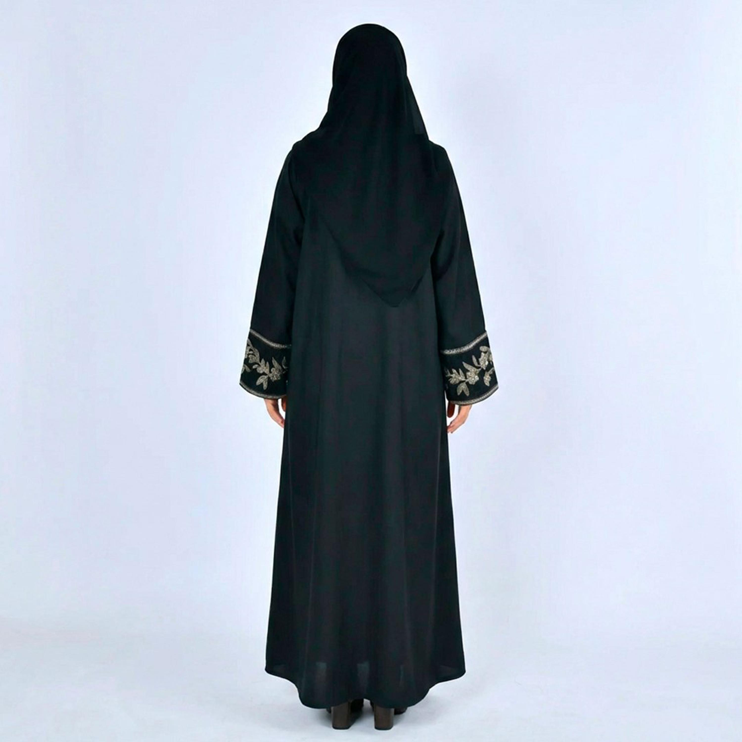 Lamha Black Floral Embroidered Linen Women's Abaya with Hijab-women-arabicclothing-abayas-image-6