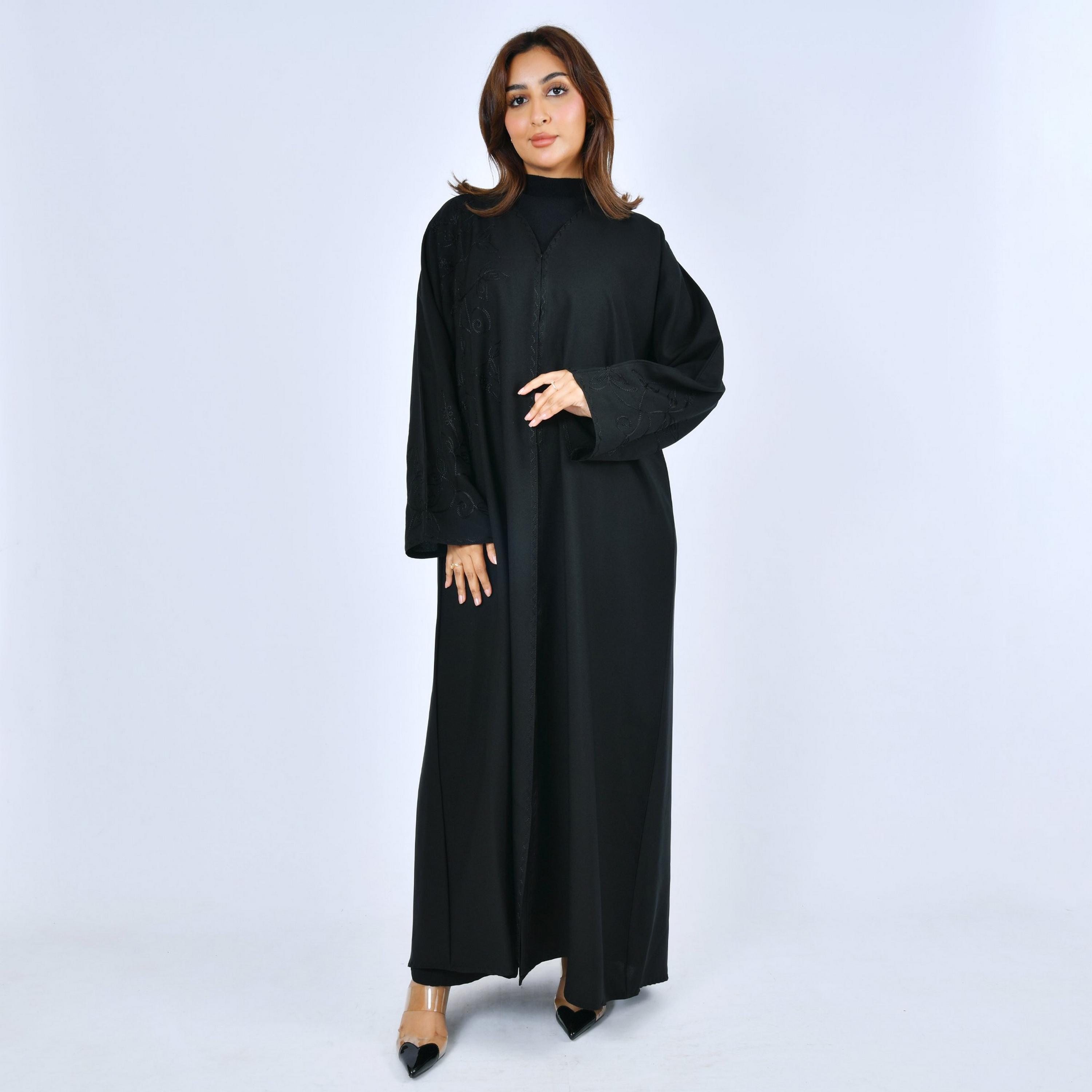 Lamha Black Embroidered Linen Women's Abaya-women-arabicclothing-abayas-image-1