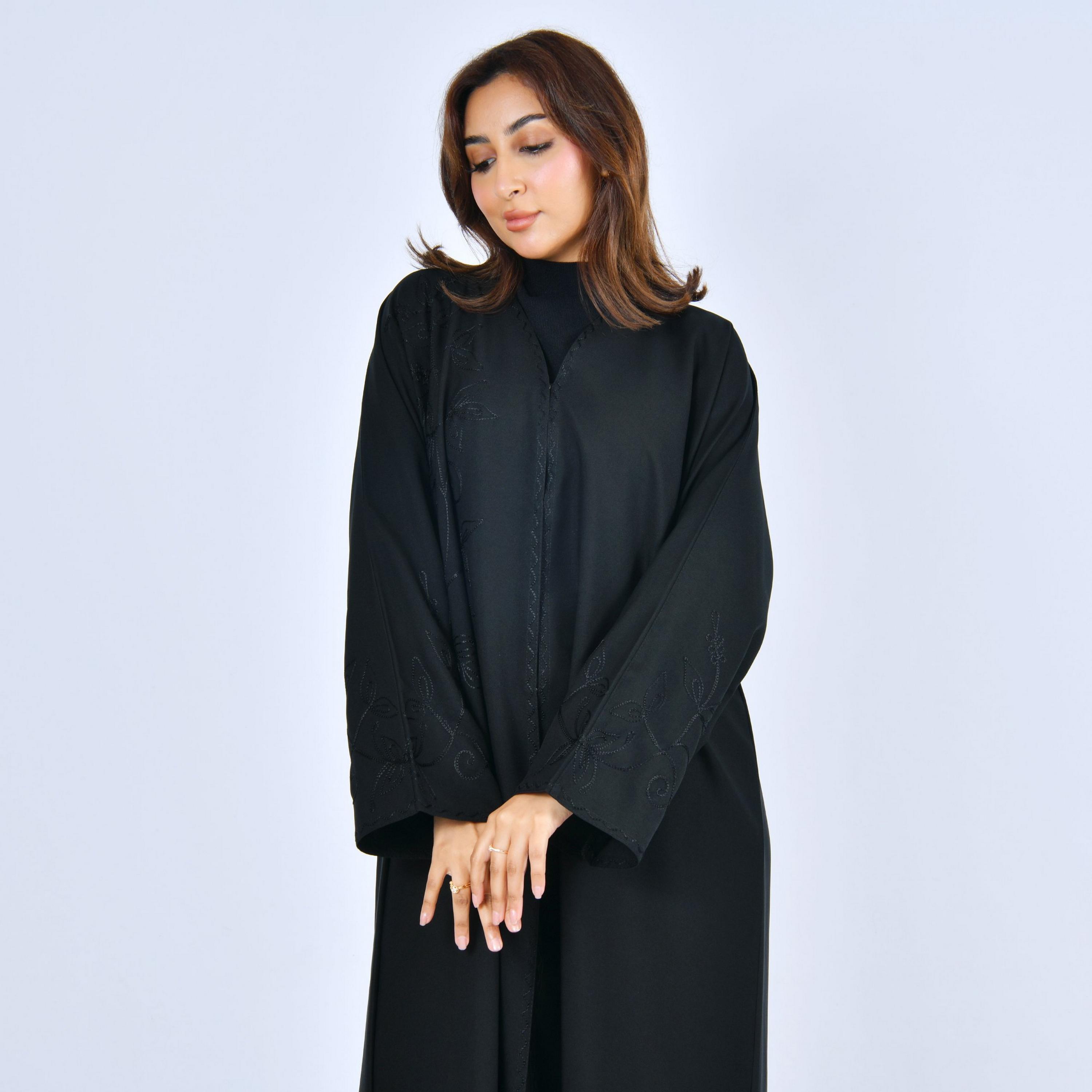 Lamha Black Embroidered Linen Women's Abaya-women-arabicclothing-abayas-image-3