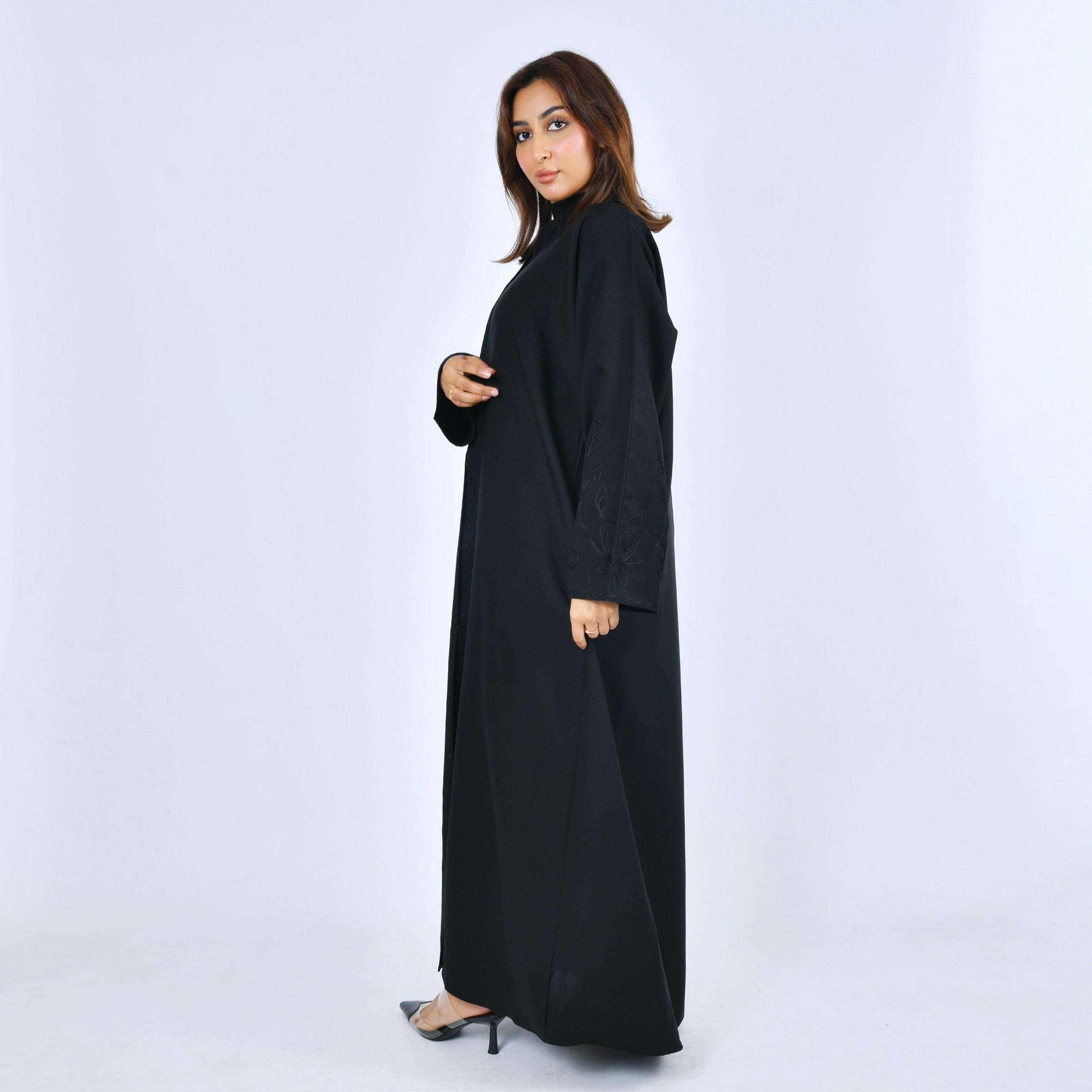 Lamha Black Embroidered Linen Women's Abaya-women-arabicclothing-abayas-image-4