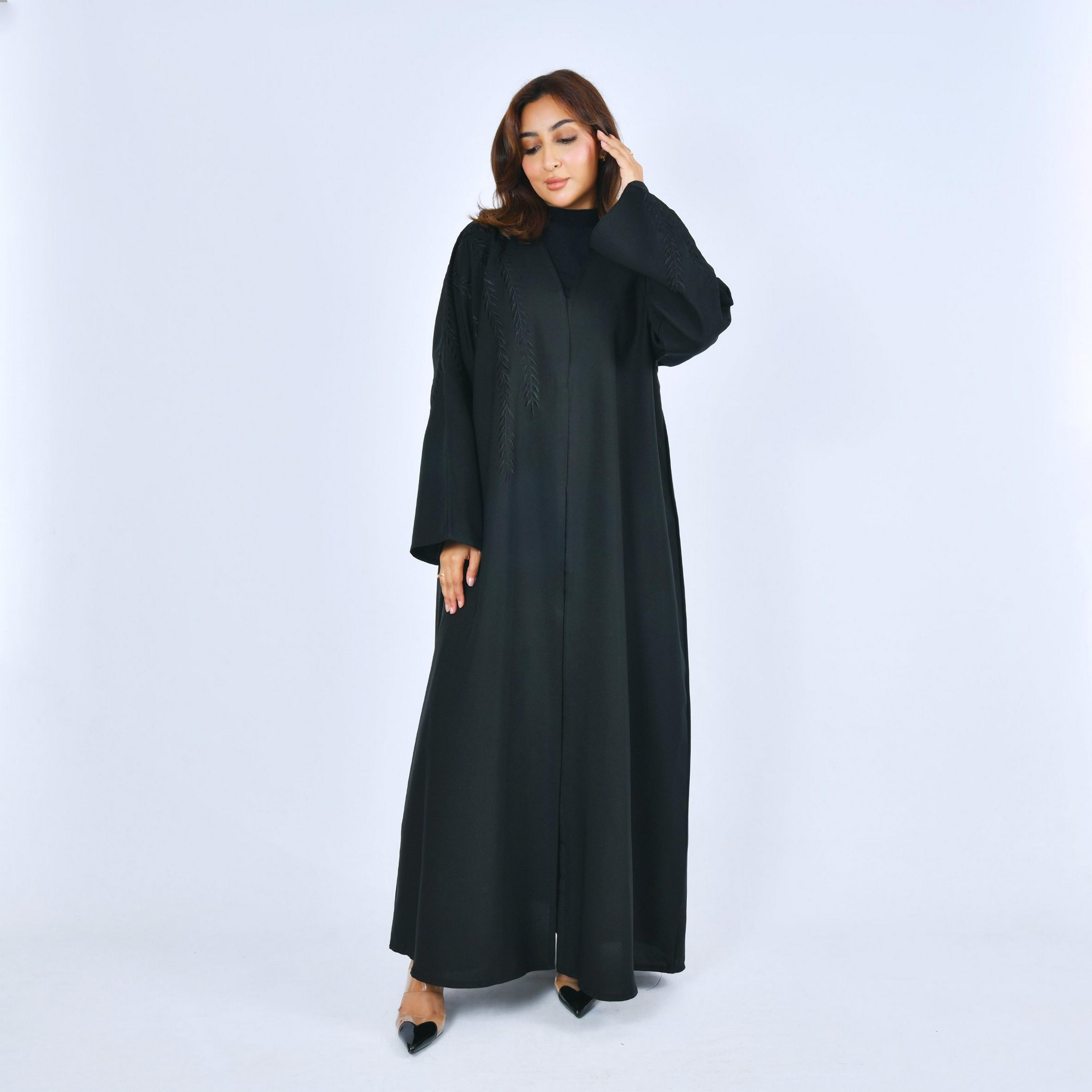 Lamha Black Embroidered Linen Women's Abaya-women-arabicclothing-abayas-image-1