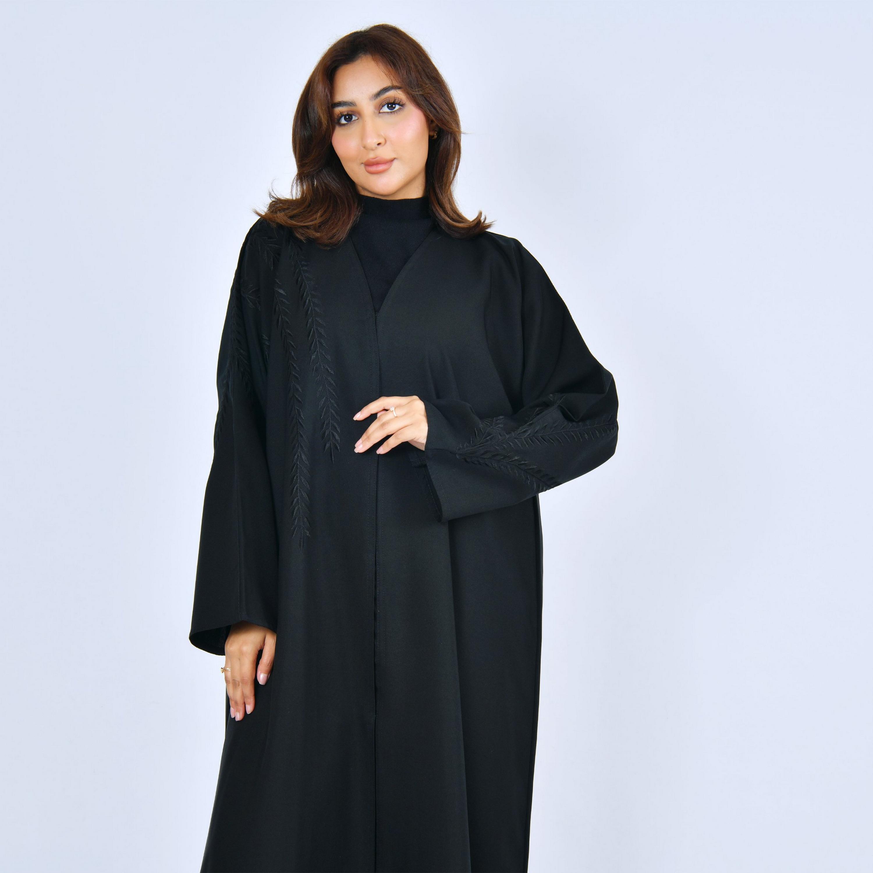 Lamha Black Embroidered Linen Women's Abaya-women-arabicclothing-abayas-image-2