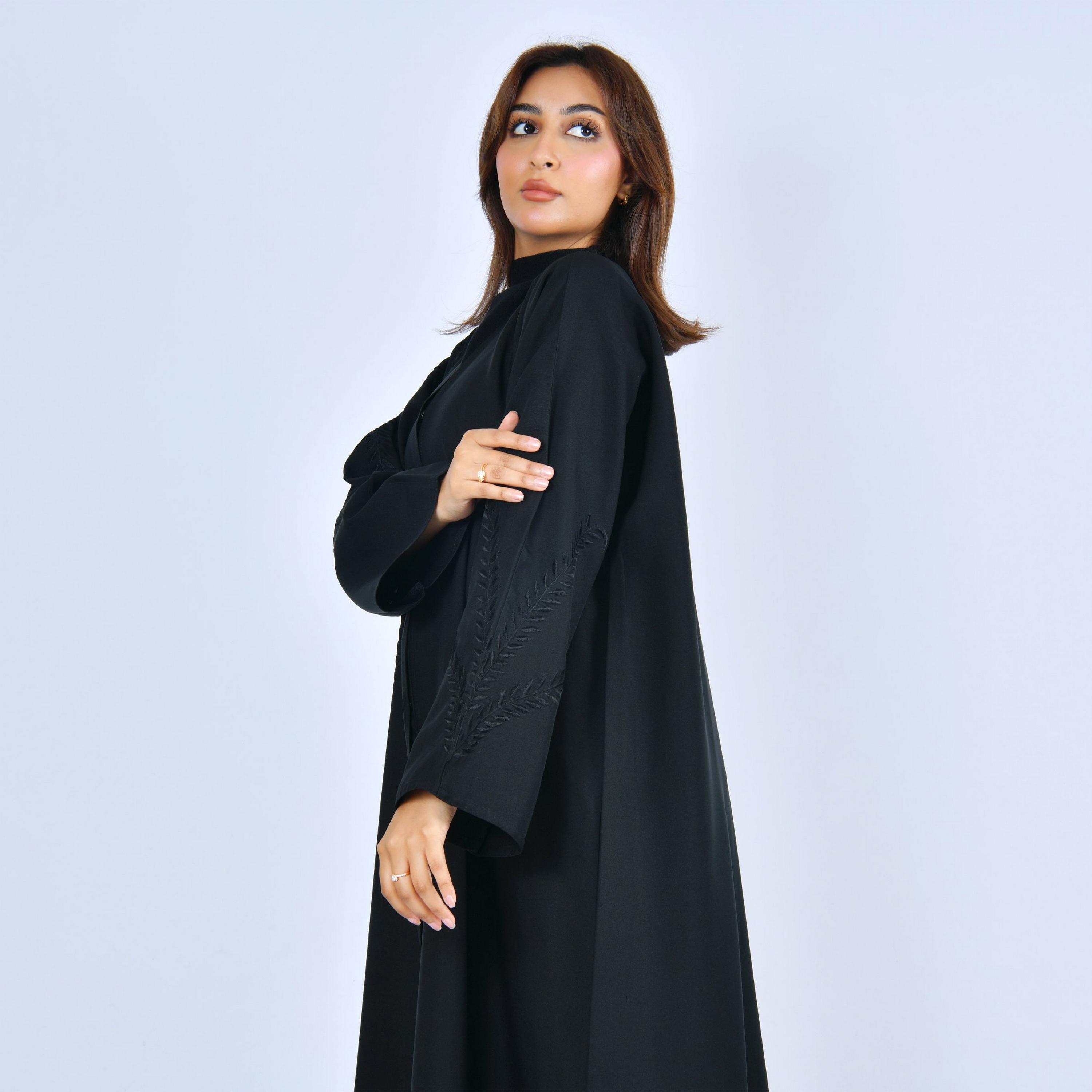 Lamha Black Embroidered Linen Women's Abaya-women-arabicclothing-abayas-image-3