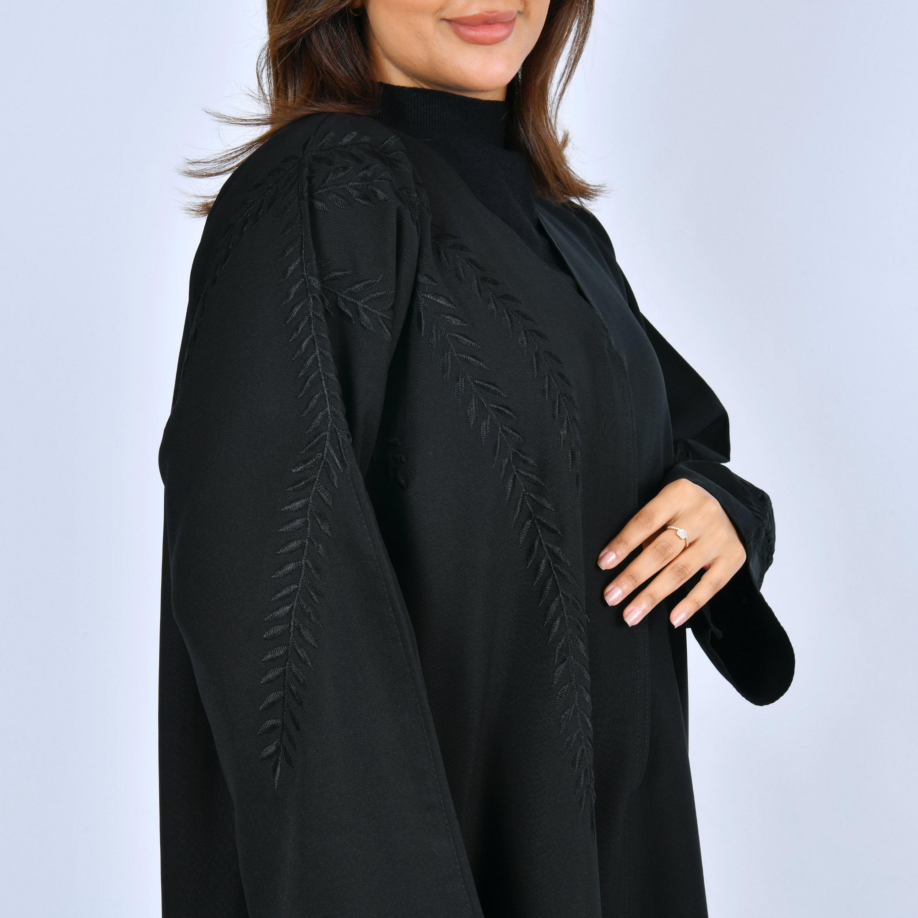 Lamha Black Embroidered Linen Women's Abaya-women-arabicclothing-abayas-image-4