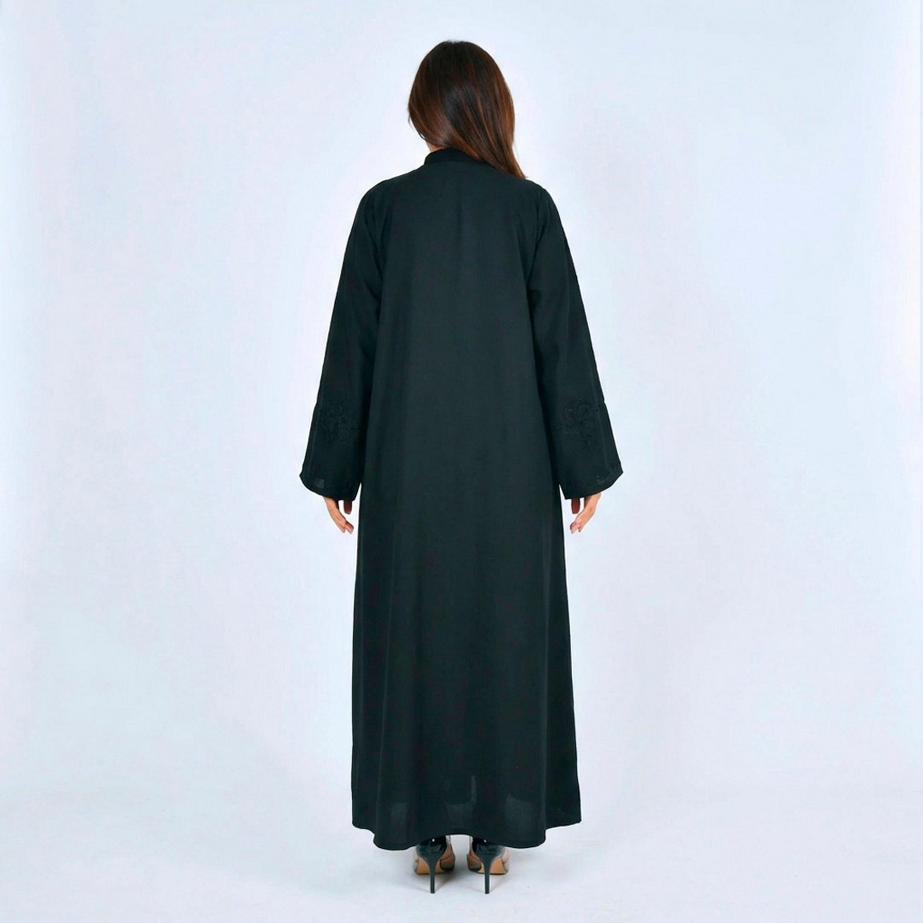Lamha Black Embroidered Linen Women's Abaya-women-arabicclothing-abayas-image-5