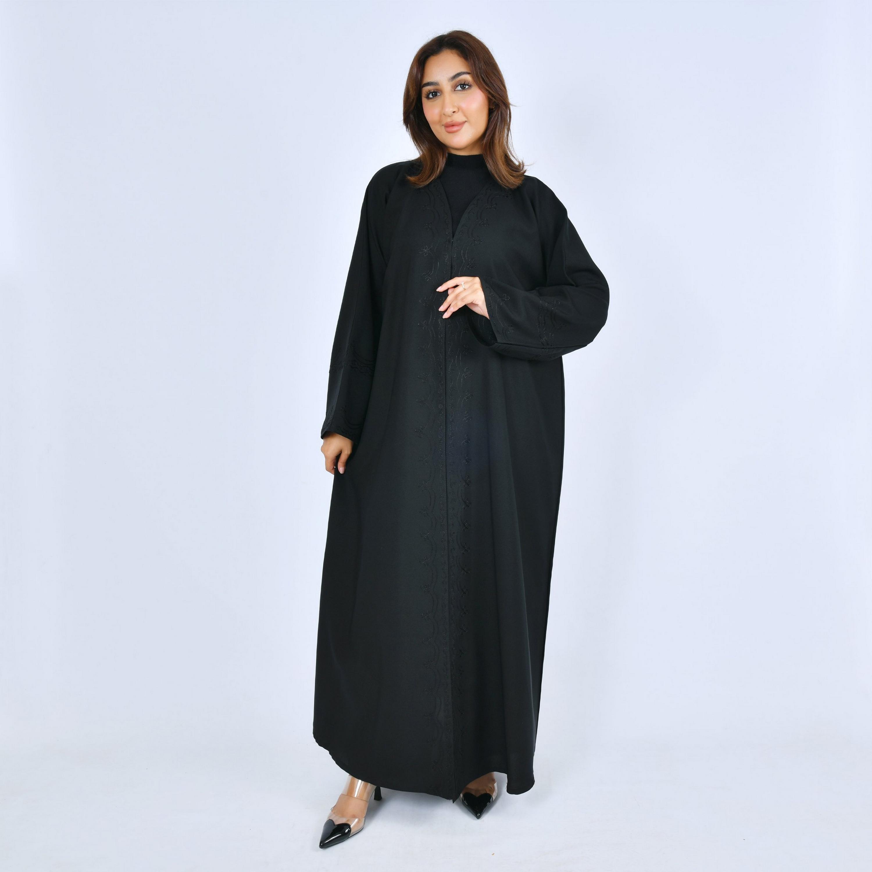 Lamha Black Embroidered Linen Women's Abaya-women-arabicclothing-abayas-image-1