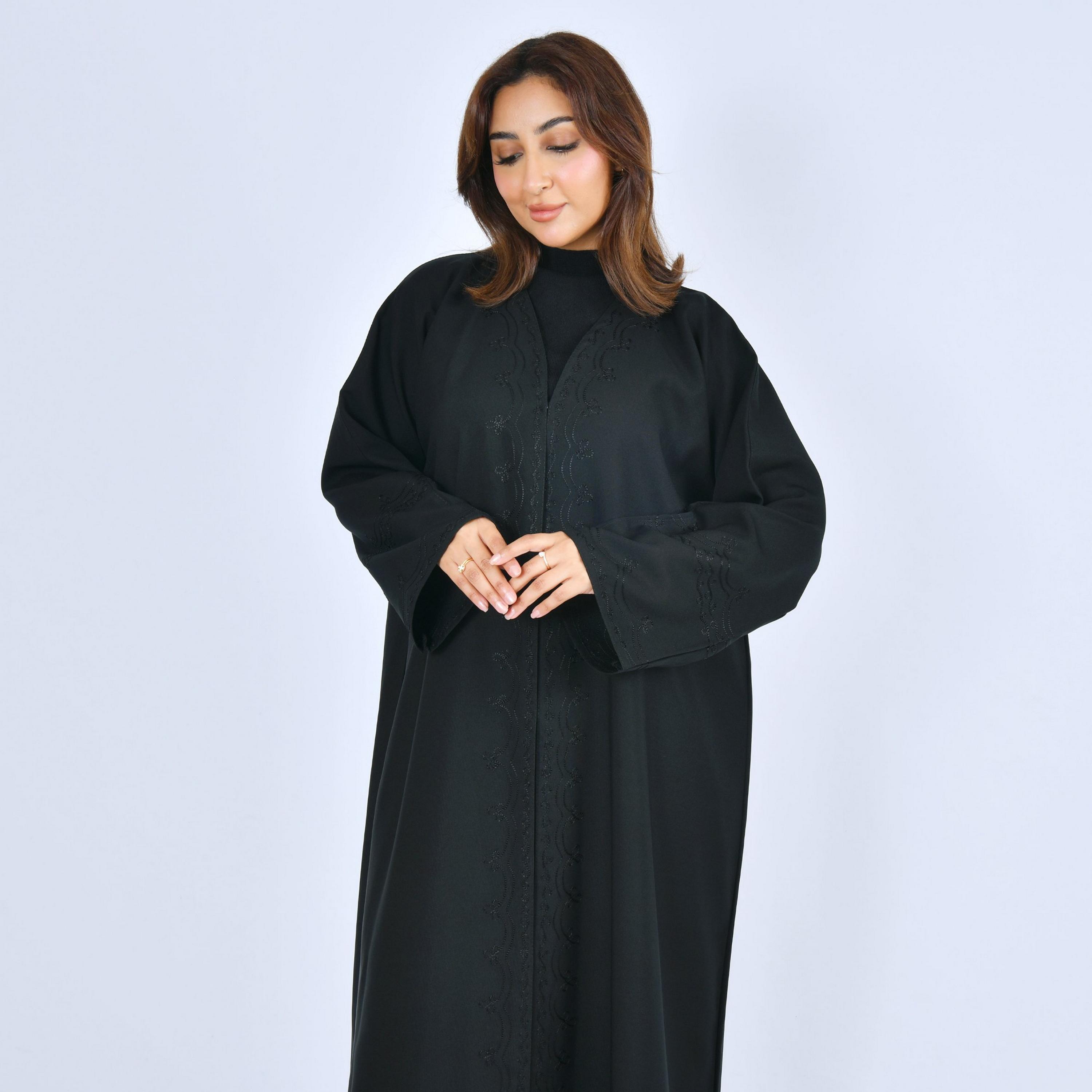 Lamha Black Embroidered Linen Women's Abaya-women-arabicclothing-abayas-image-2