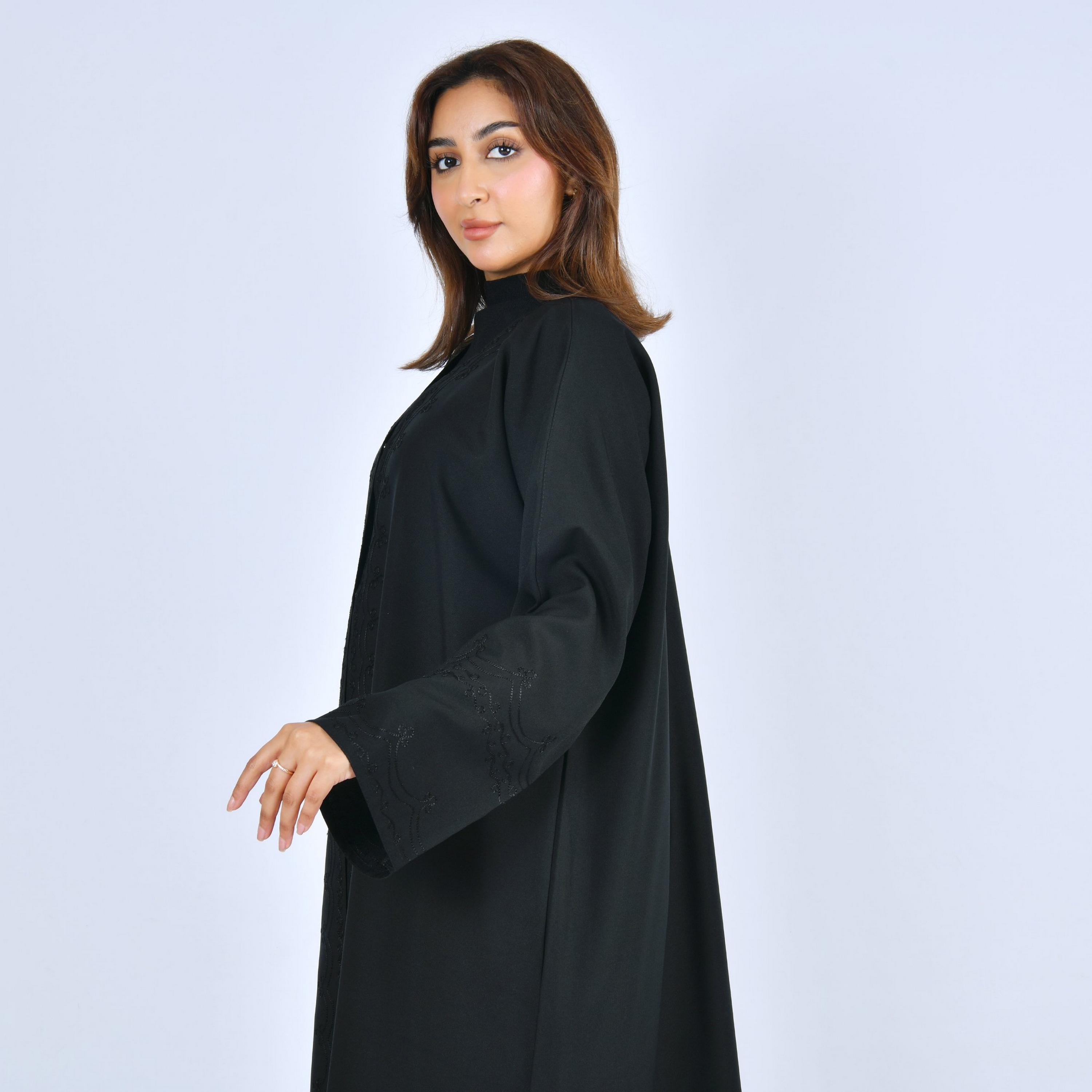Lamha Black Embroidered Linen Women's Abaya-women-arabicclothing-abayas-image-3