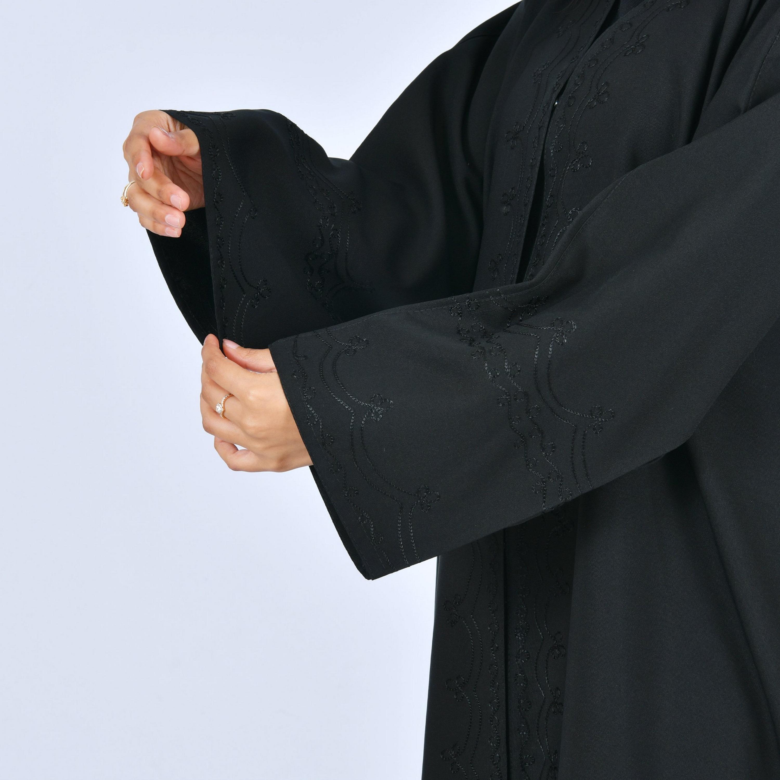 Lamha Black Embroidered Linen Women's Abaya-women-arabicclothing-abayas-image-4