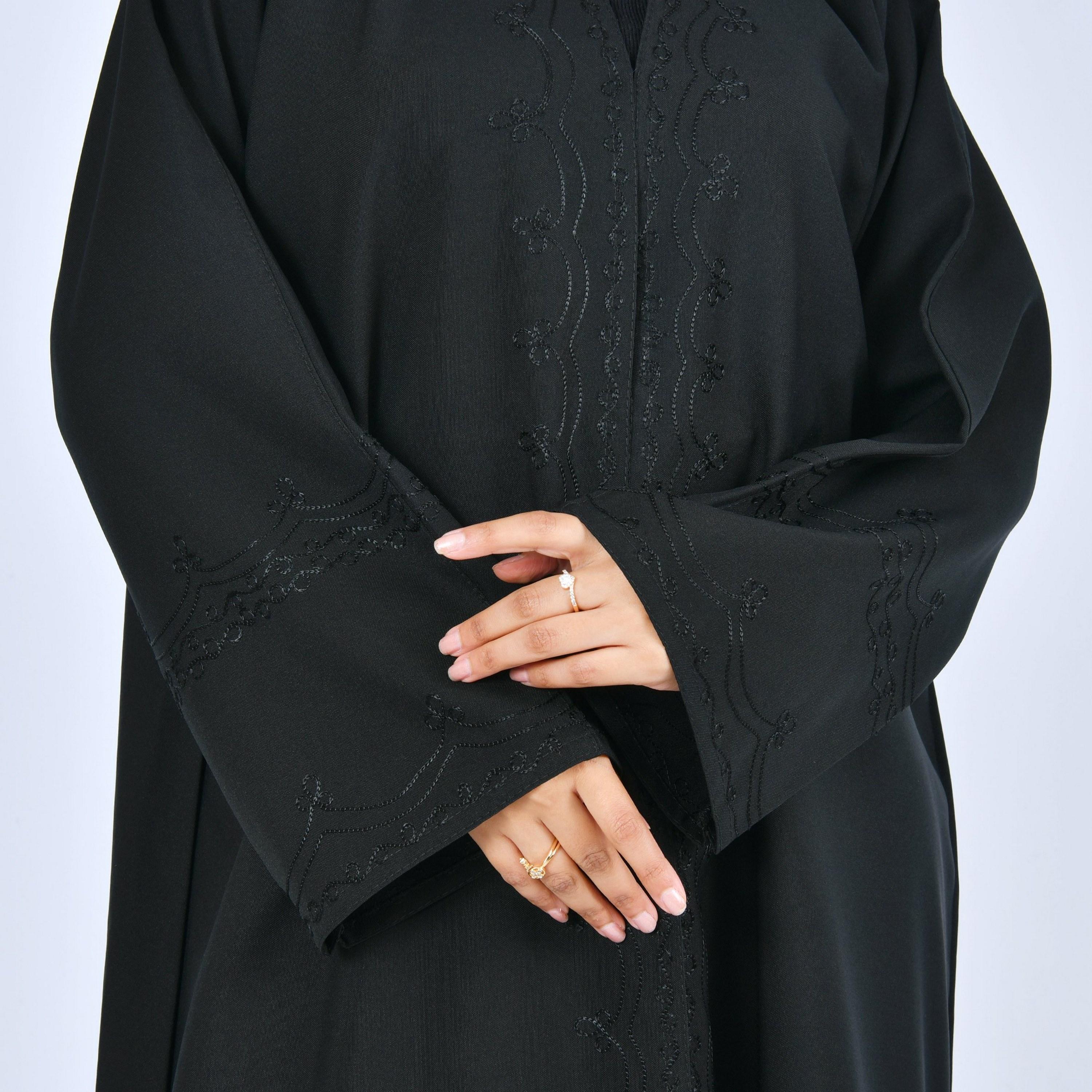 Lamha Black Embroidered Linen Women's Abaya-women-arabicclothing-abayas-image-5