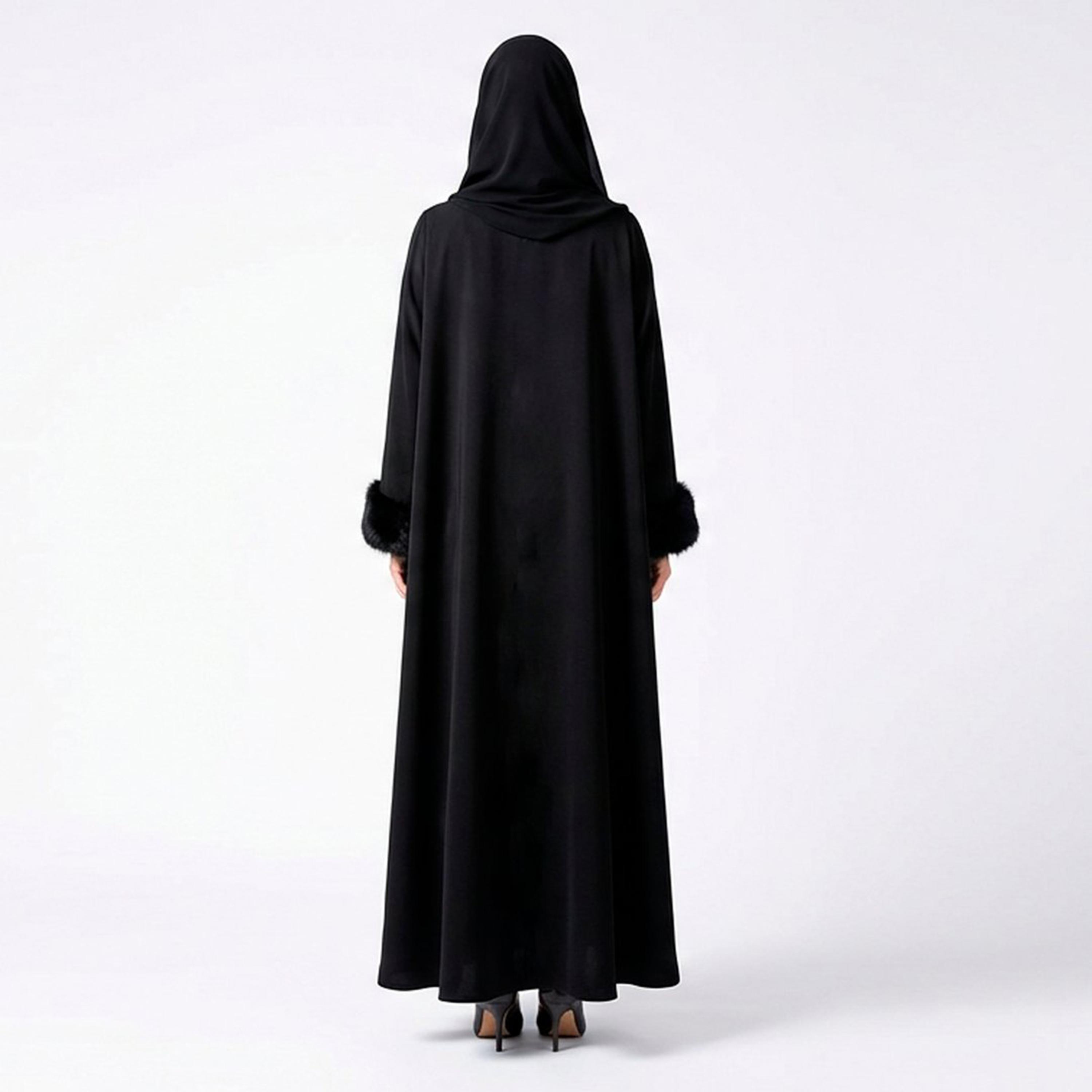 عباية كتان بأكمام "فرو" مع حجاب نسائية - أسود من لمحة-women-arabicclothing-abayas-image-5