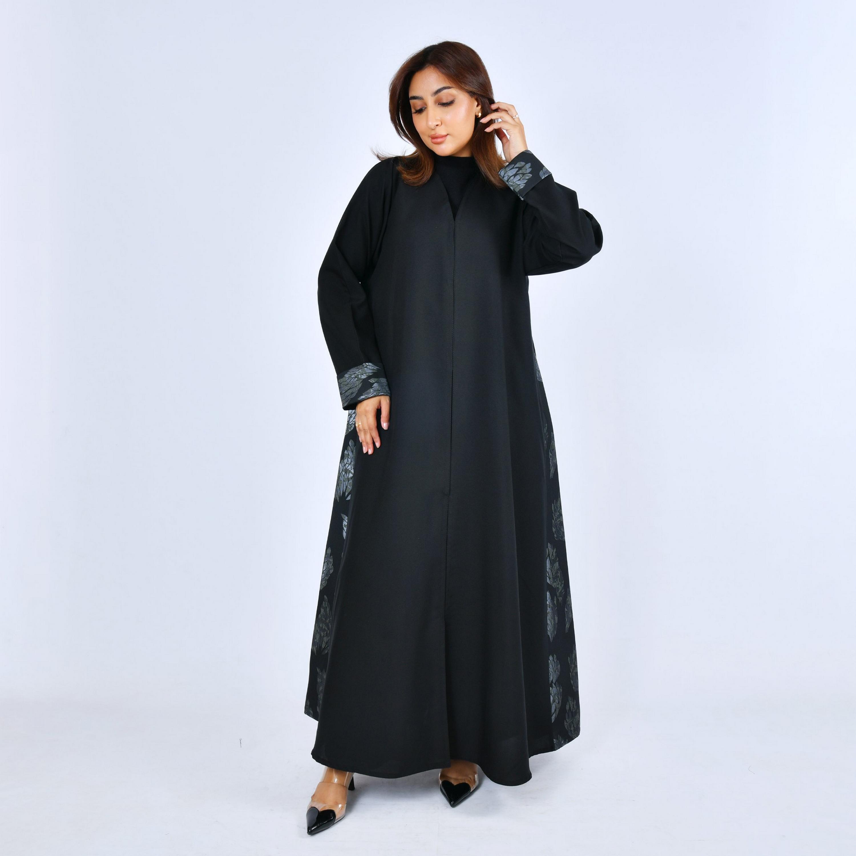 Lamha Black Godet Panelled Linen Women's Cloche Cut Abaya-women-arabicclothing-abayas-image-1