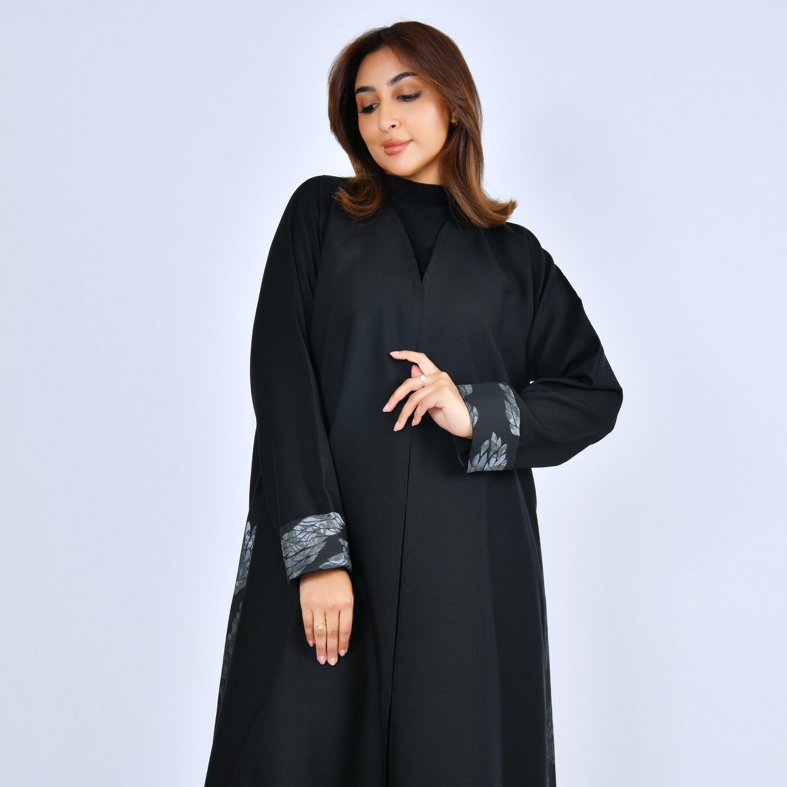 Lamha Black Godet Panelled Linen Women's Cloche Cut Abaya-women-arabicclothing-abayas-image-2