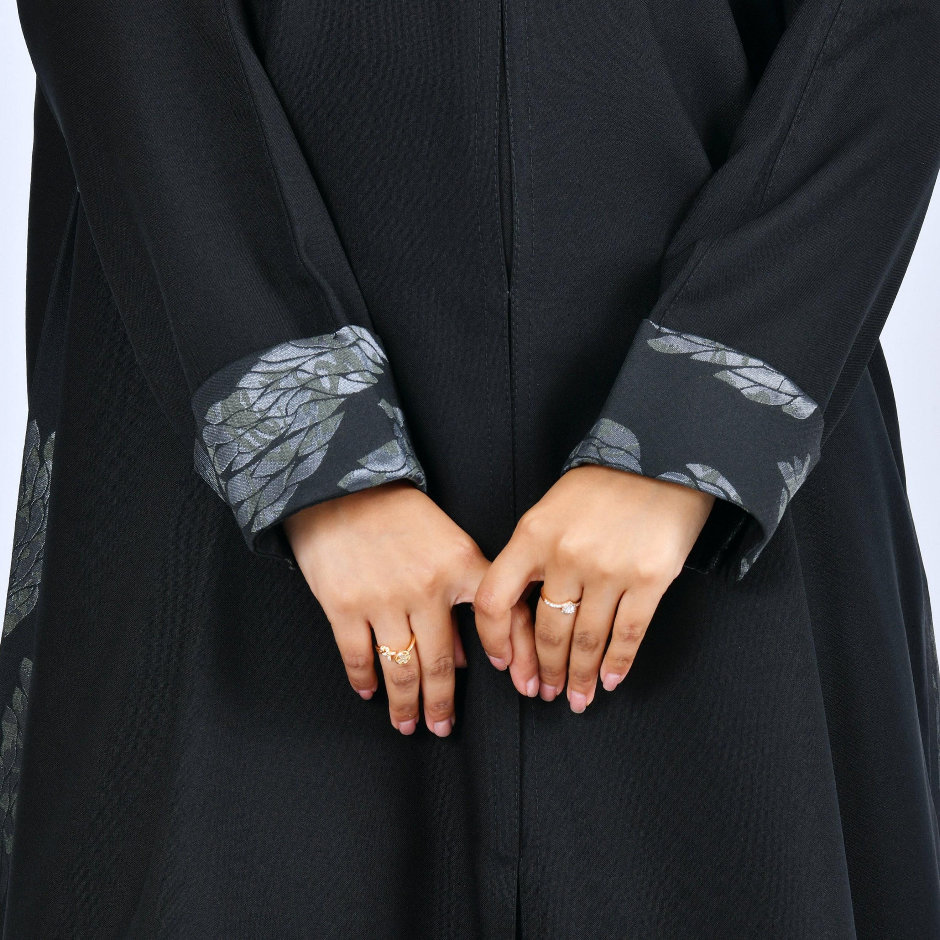 Lamha Black Godet Panelled Linen Women's Cloche Cut Abaya-women-arabicclothing-abayas-image-3