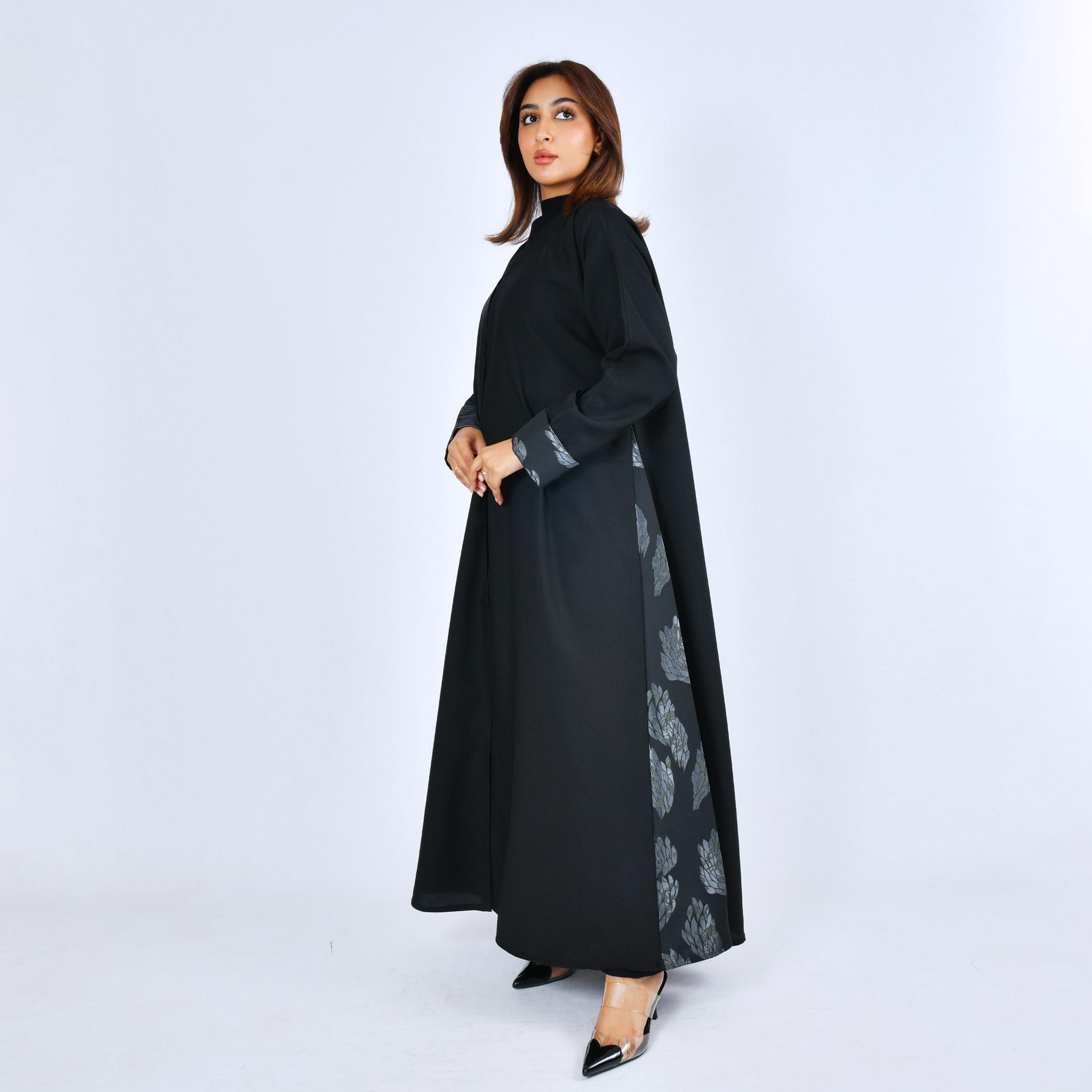 Lamha Black Godet Panelled Linen Women's Cloche Cut Abaya-women-arabicclothing-abayas-image-4