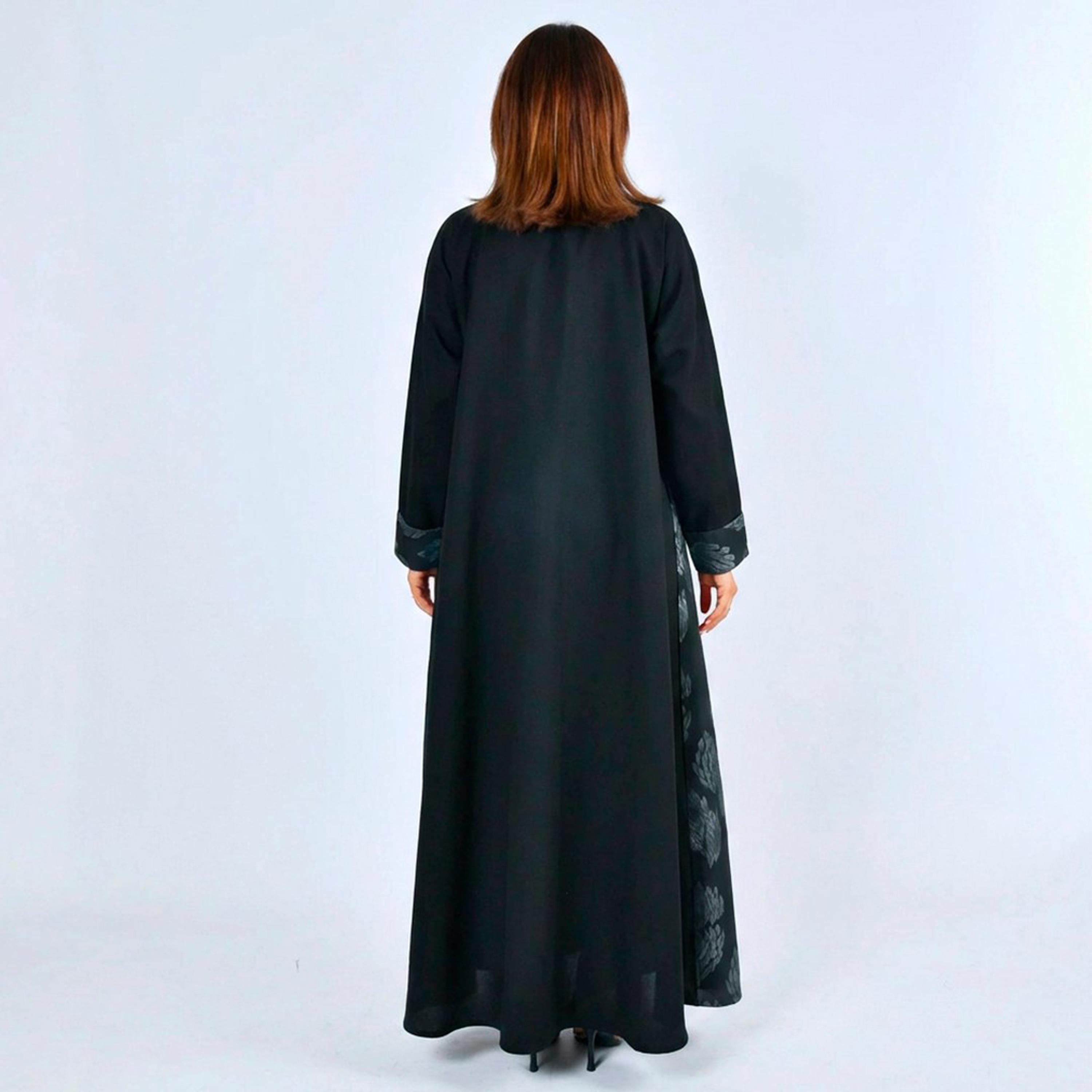 Lamha Black Godet Panelled Linen Women's Cloche Cut Abaya-women-arabicclothing-abayas-image-5