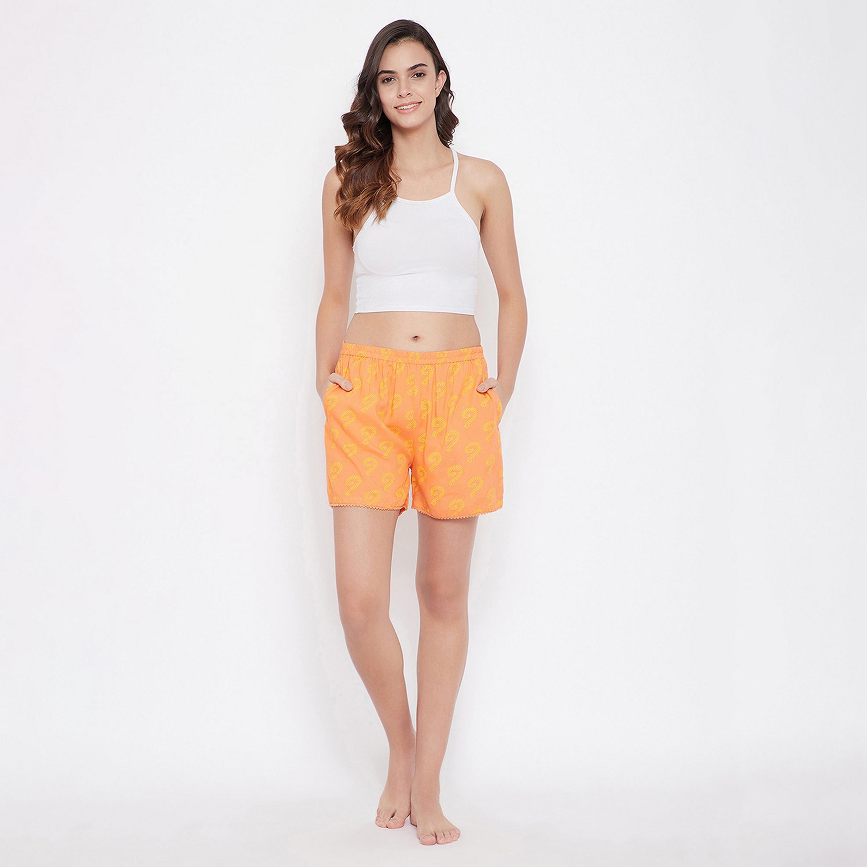 Clovia Pretty Floral Women's Boxer Shorts in Orange - Pure Cotton-women-clothing-nightwear-pyjamas-bottoms-image-2