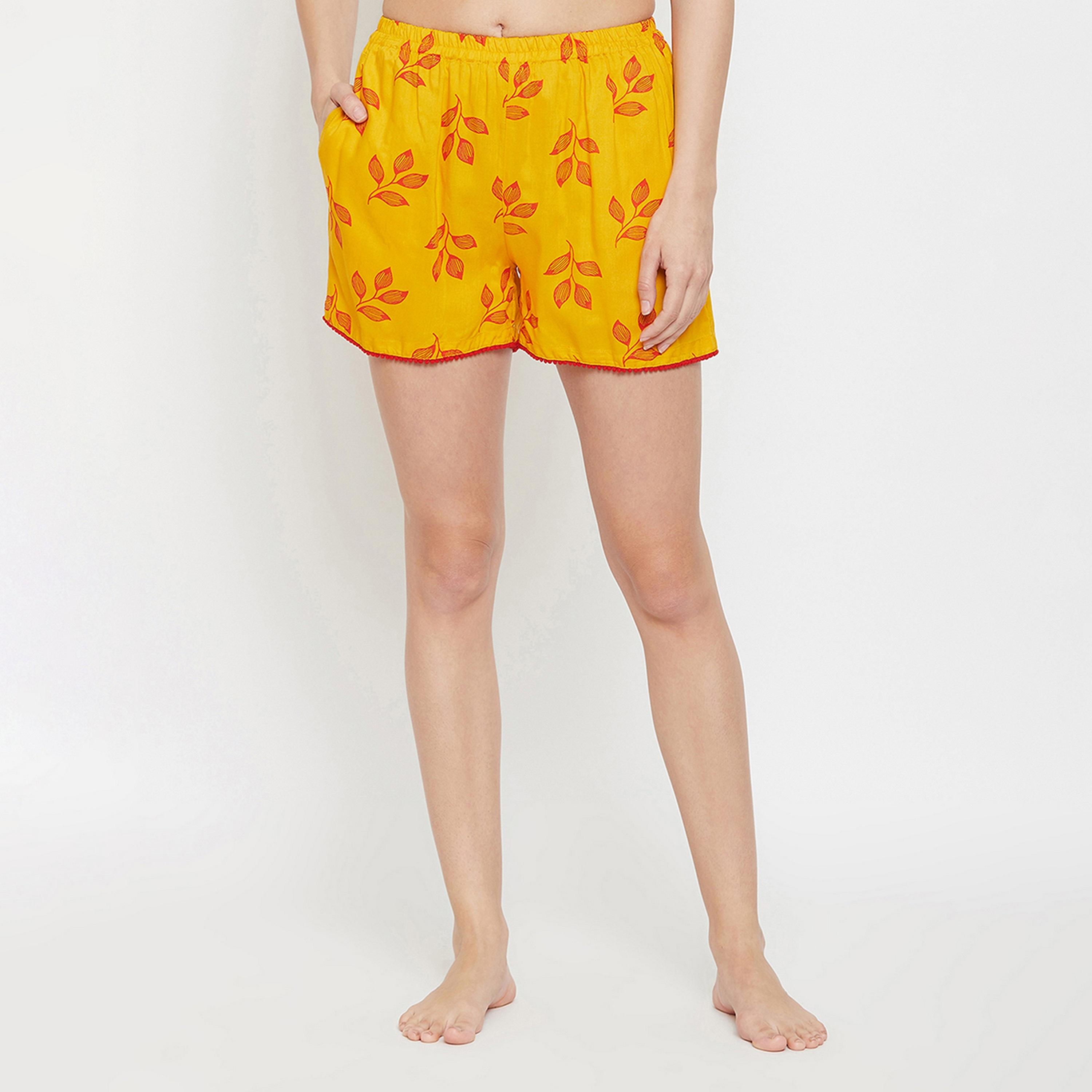 Clovia Leaf Print Women's Boxer Shorts in Yellow - Rayon-women-clothing-nightwear-pyjamas-bottoms-image-1
