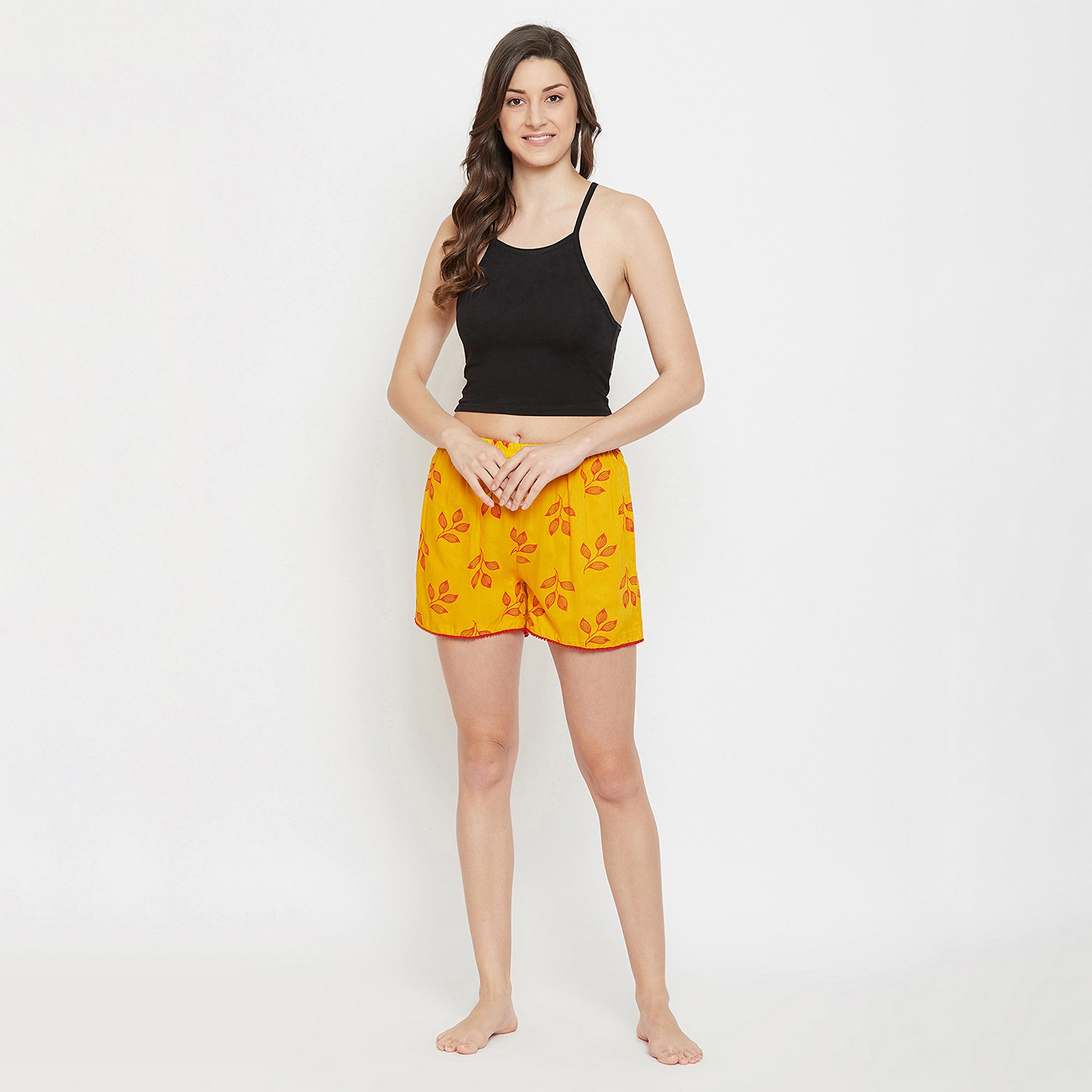 Clovia Leaf Print Women's Boxer Shorts in Yellow - Rayon-women-clothing-nightwear-pyjamas-bottoms-image-2