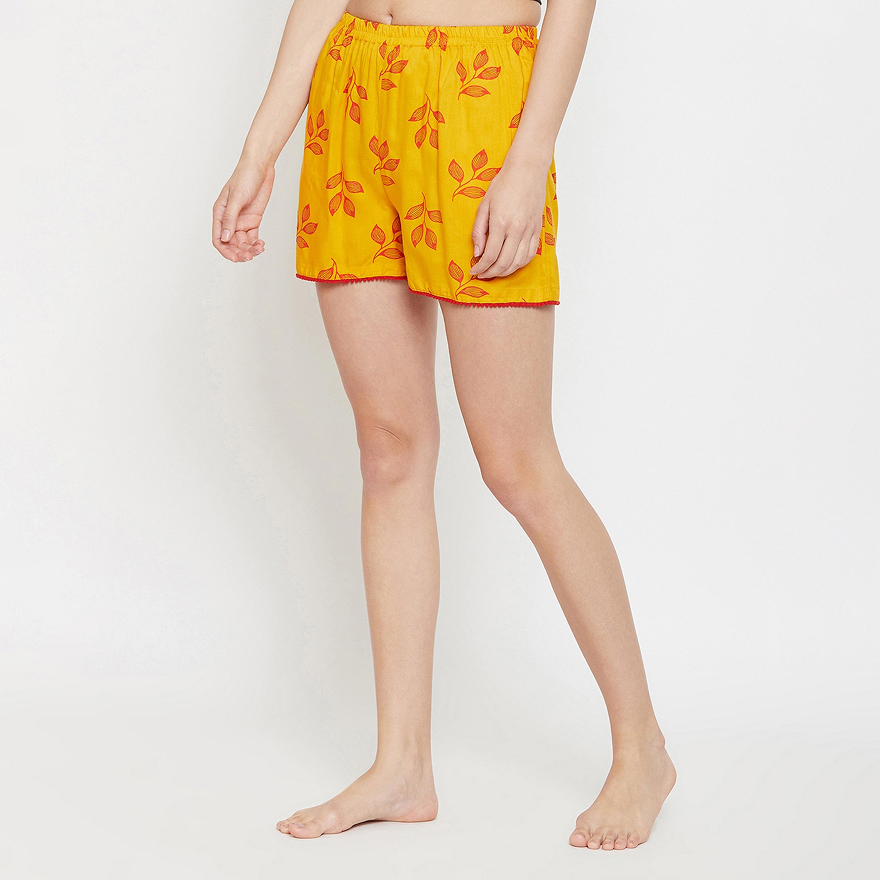 Clovia Leaf Print Women's Boxer Shorts in Yellow - Rayon-women-clothing-nightwear-pyjamas-bottoms-image-3
