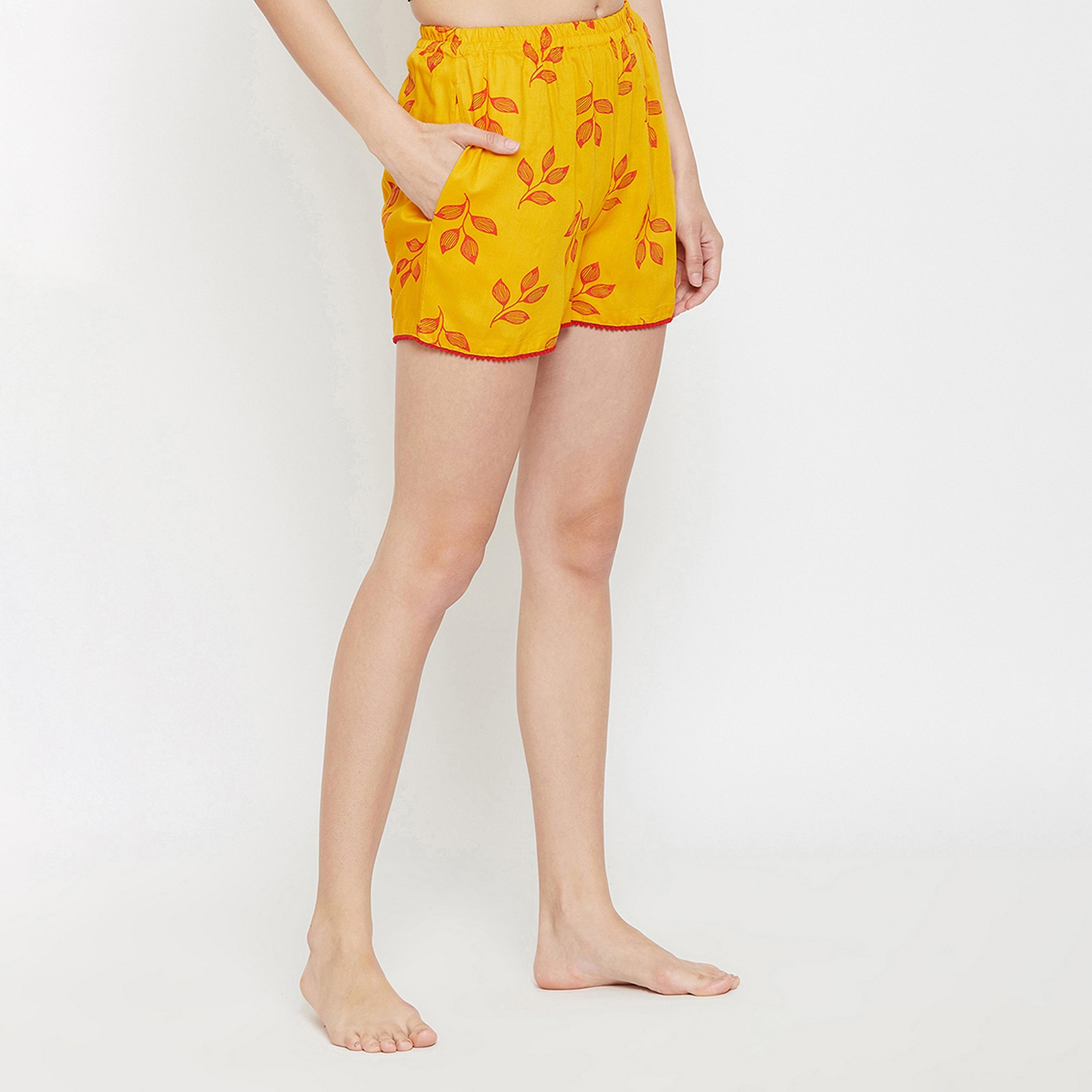 Clovia Leaf Print Women's Boxer Shorts in Yellow - Rayon-women-clothing-nightwear-pyjamas-bottoms-image-4