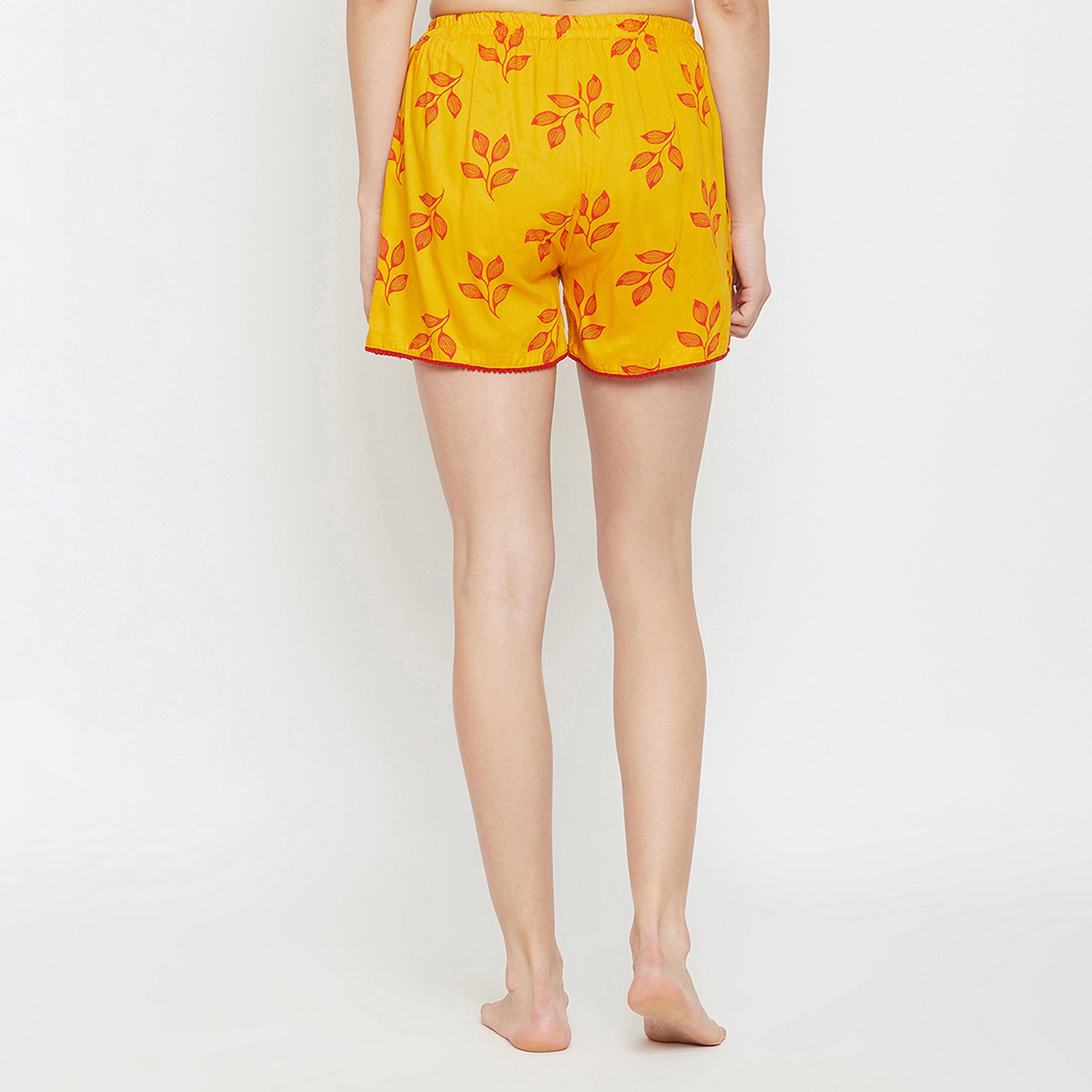 Clovia Leaf Print Women's Boxer Shorts in Yellow - Rayon-women-clothing-nightwear-pyjamas-bottoms-image-5