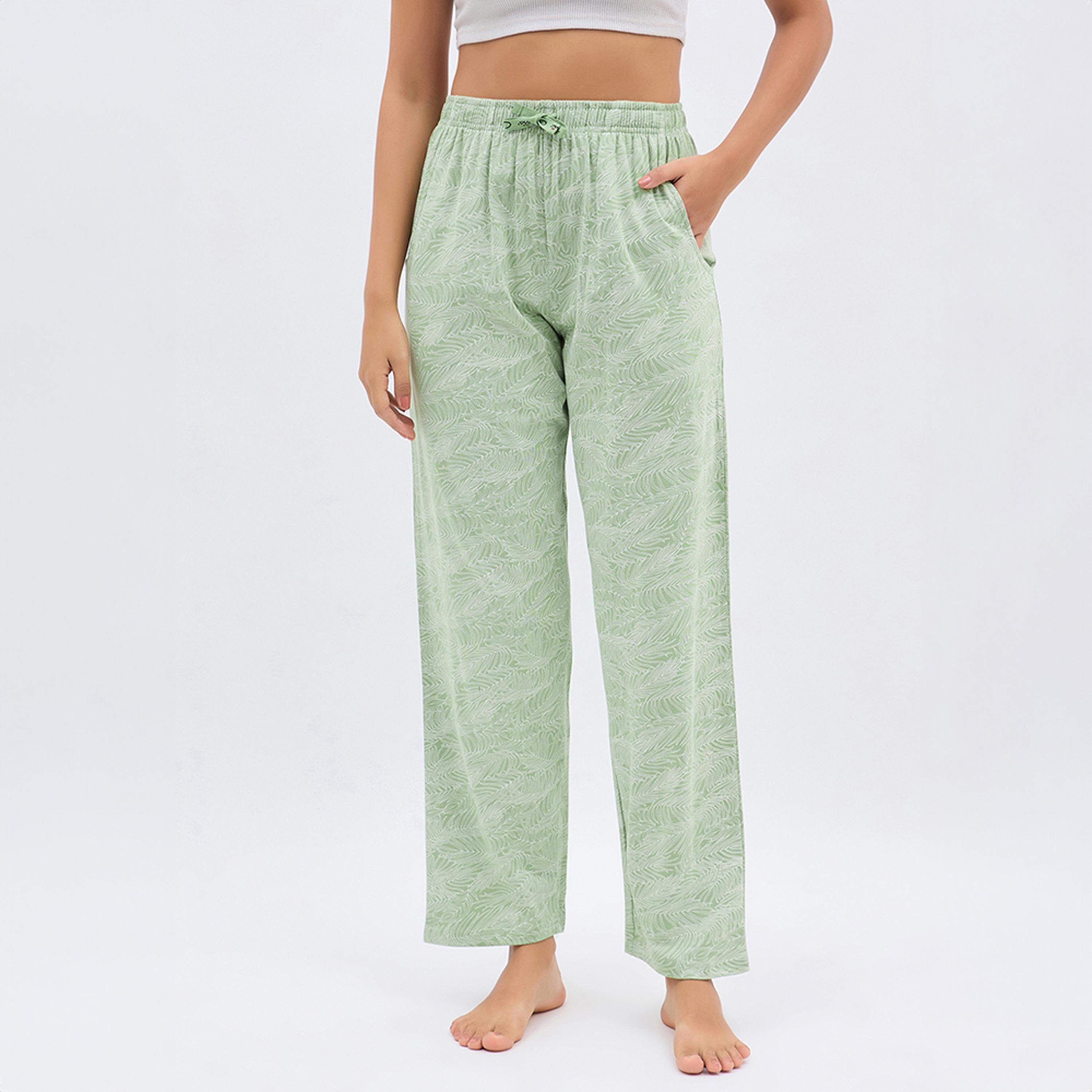 بيجامة بطبعة أوراق شجر - 100% قطن أخضر فاتح من كلوفيا-women-clothing-nightwear-pyjamas-bottoms-image-1