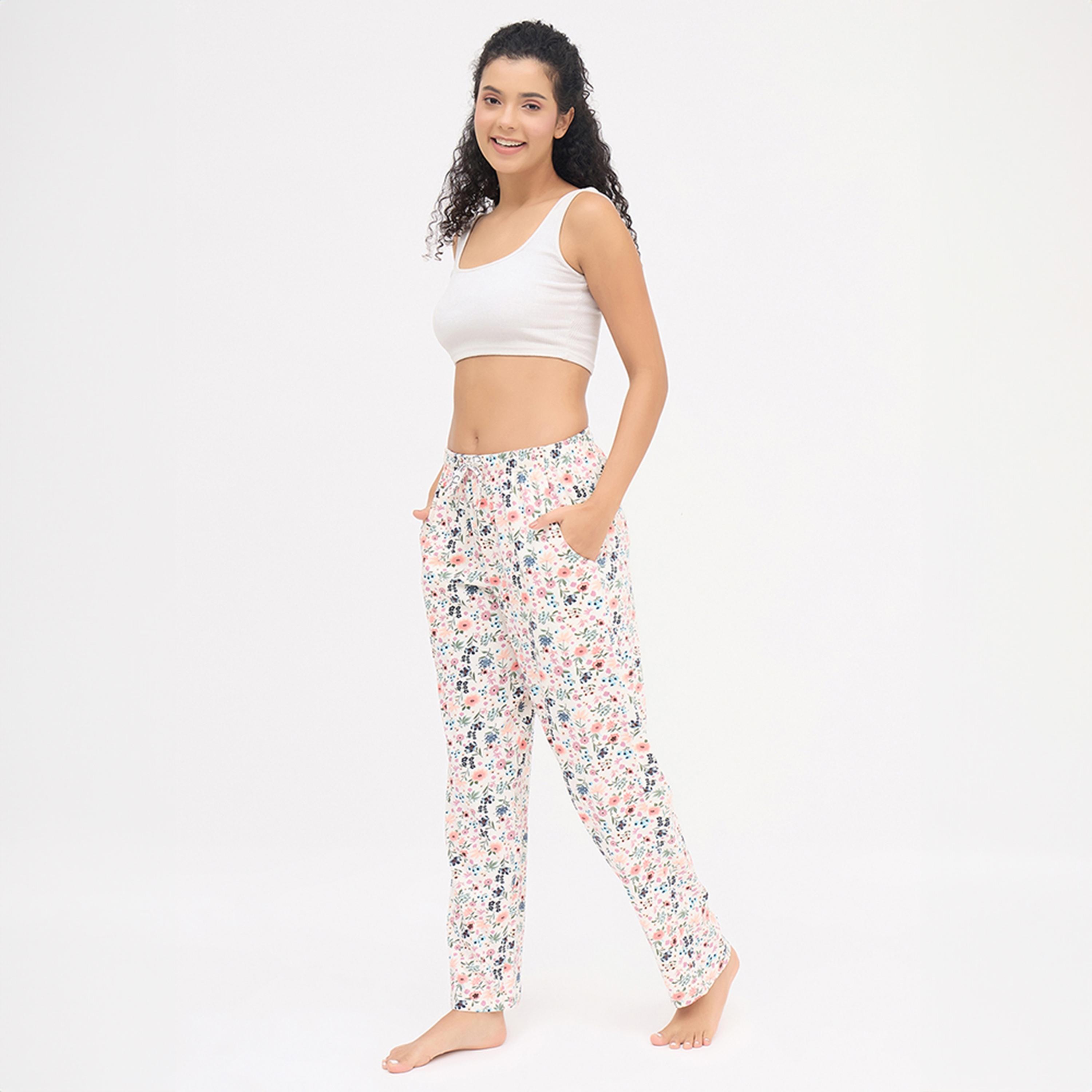 Clovia Floral Print Women's Pyjama in White - 100% Cotton-women-clothing-nightwear-pyjamas-bottoms-image-2