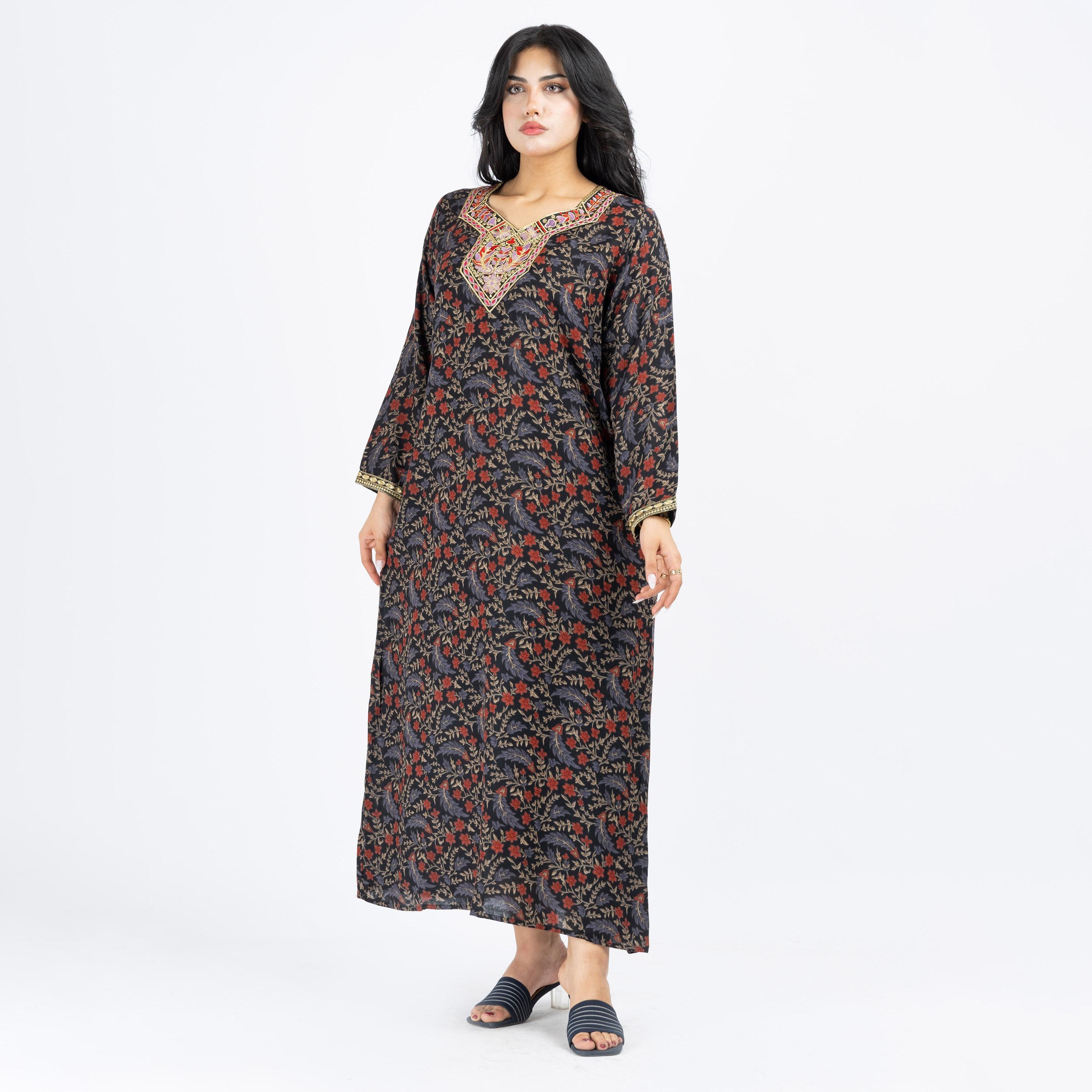 Daanah Printed Jalabiya with Long Sleeves and Embroidered Yoke-women-arabicclothing-jalabiyas-image-1