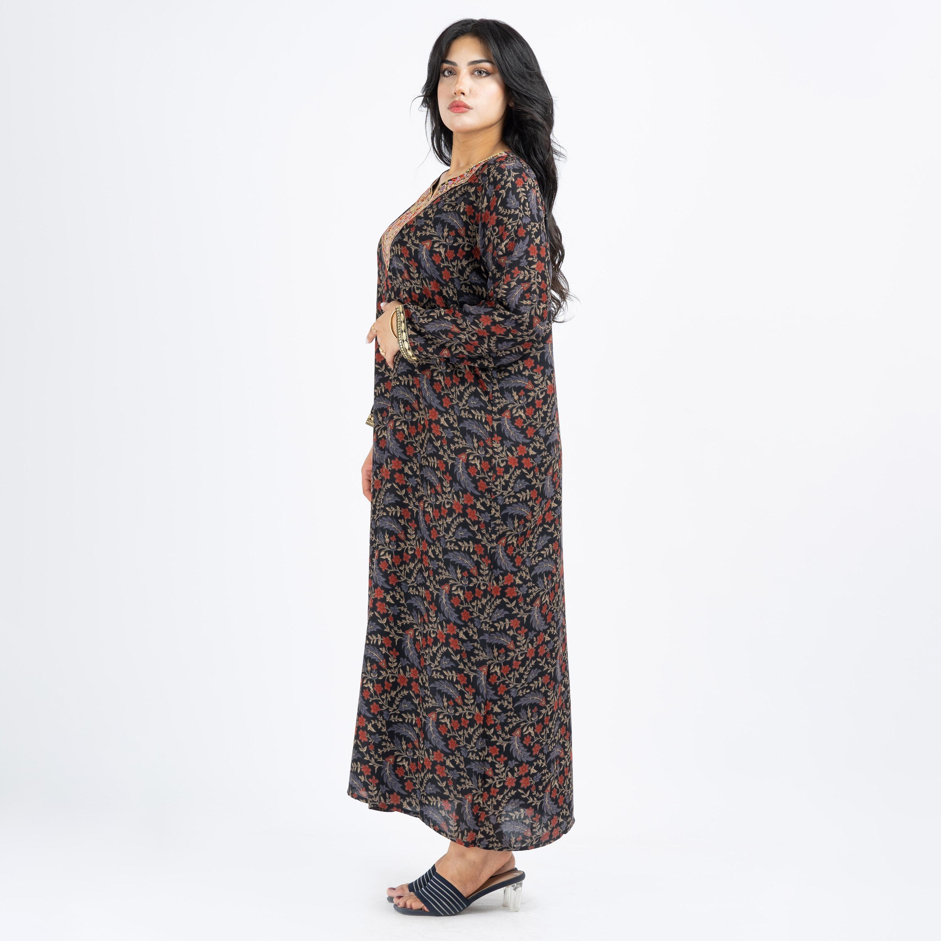 Daanah Printed Jalabiya with Long Sleeves and Embroidered Yoke-women-arabicclothing-jalabiyas-image-3