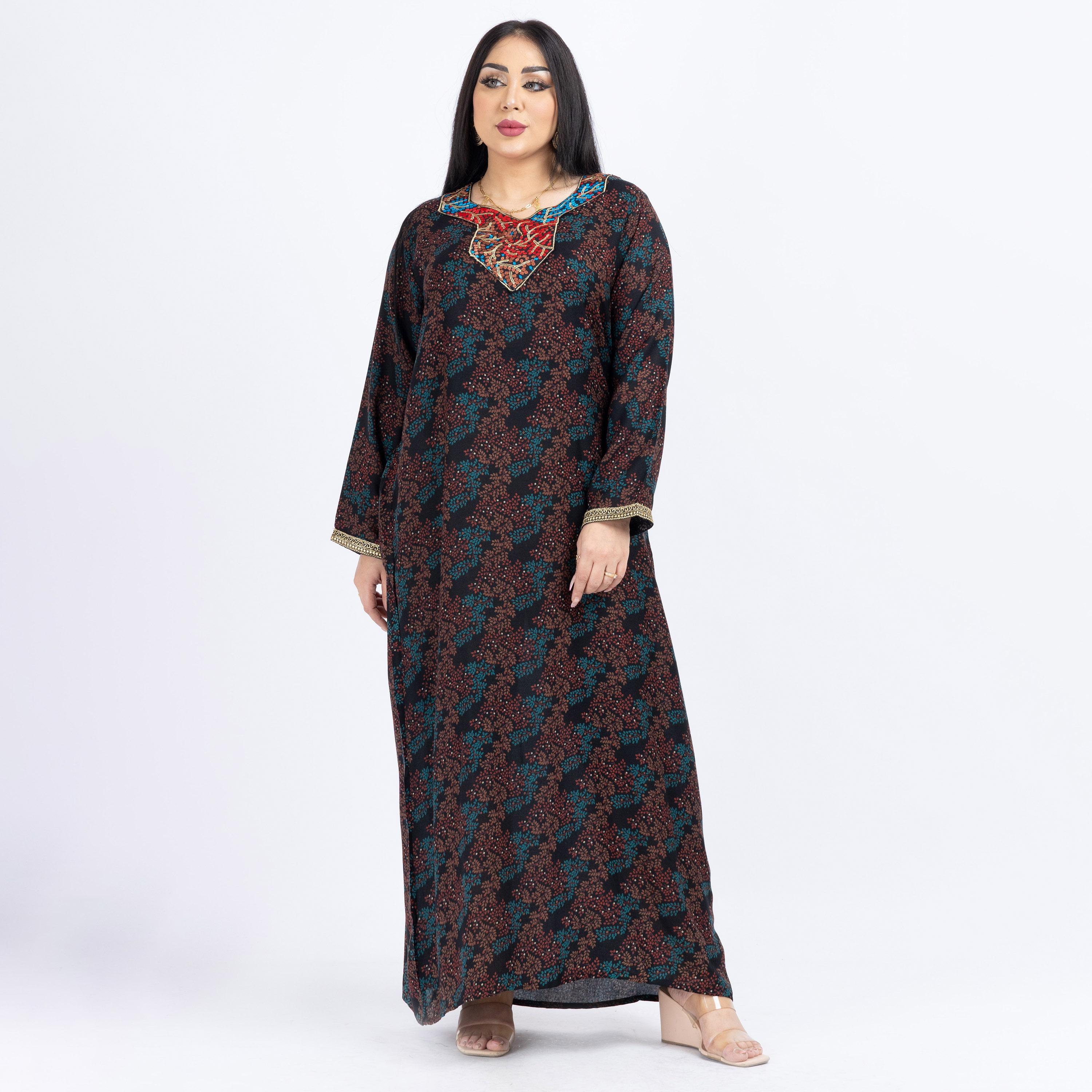 Daanah Printed Jalabiya with Long Sleeves and Embroidered Yoke-women-arabicclothing-jalabiyas-image-1