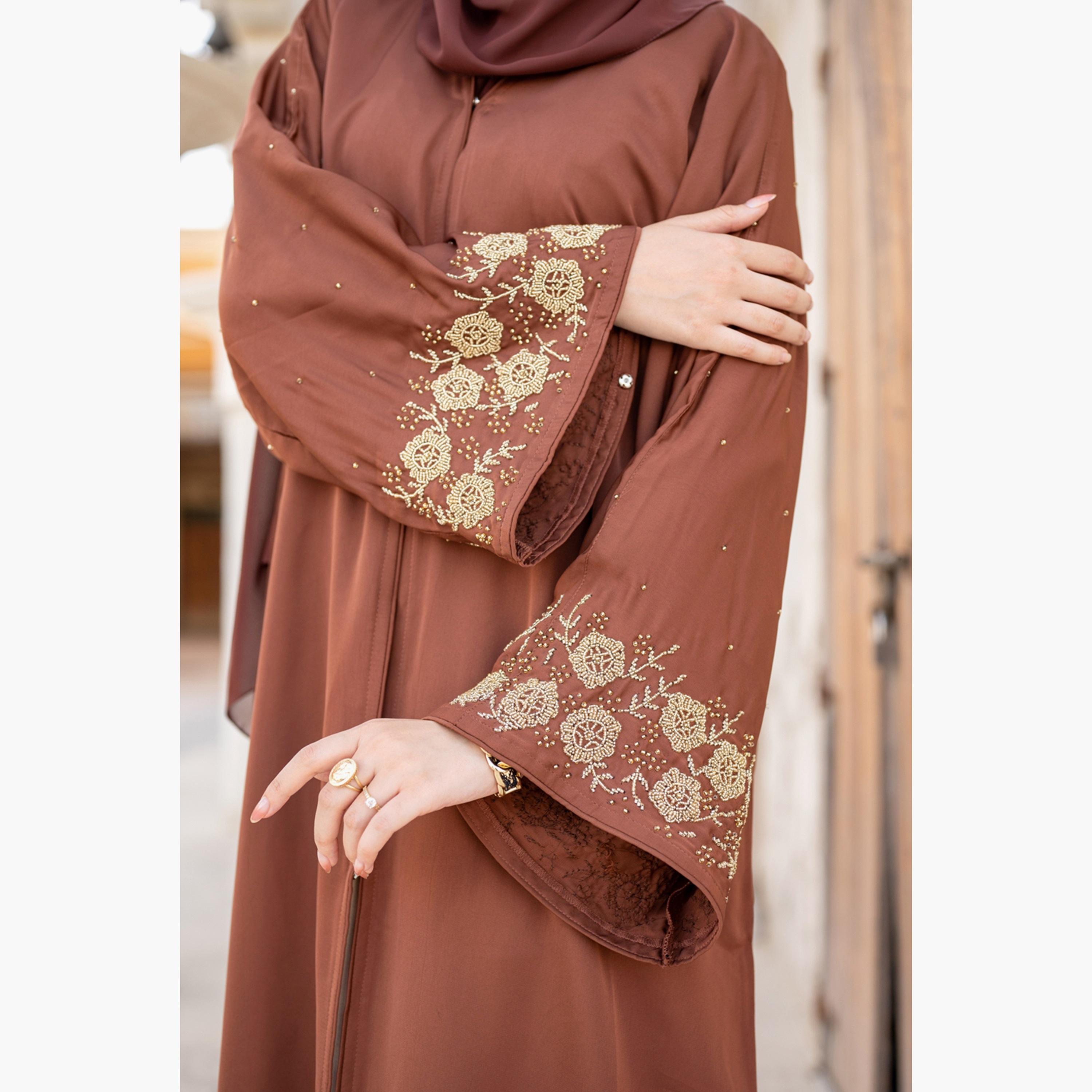 Nukhbaa Beaded Detailed Abaya with Hijab-women-arabicclothing-abayas-image-2