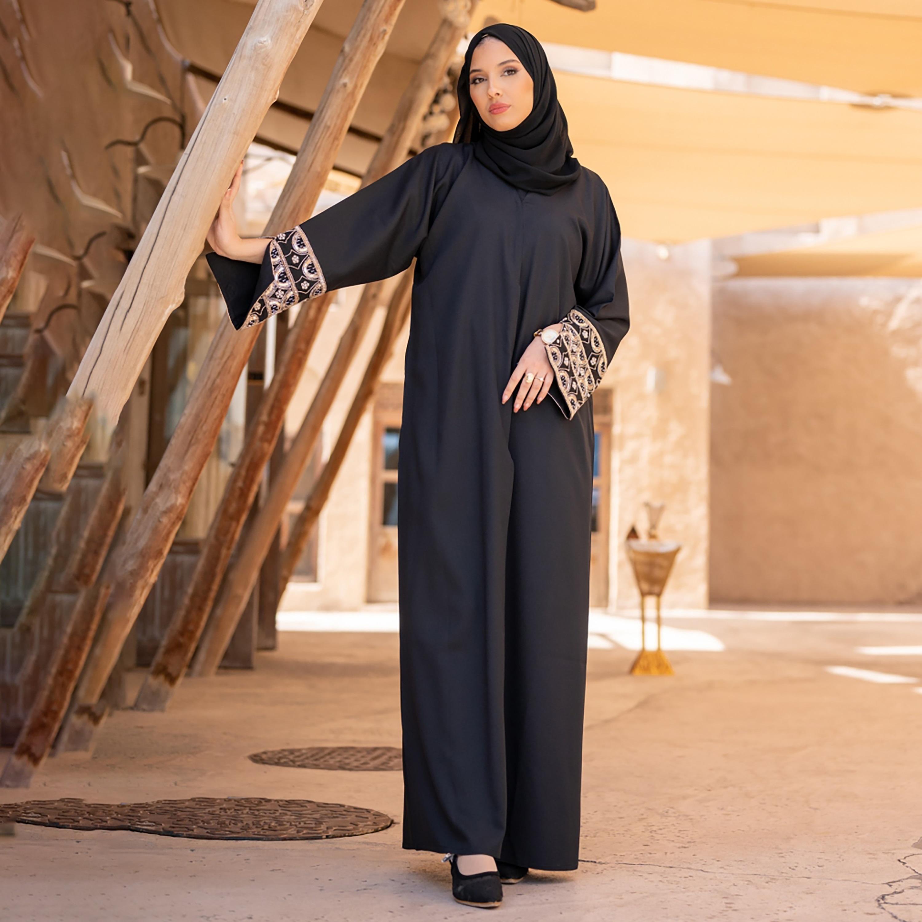 Nukhbaa Plain Beaded & Sequins Detailed Sleeves Abaya with Hijab-women-arabicclothing-abayas-image-1