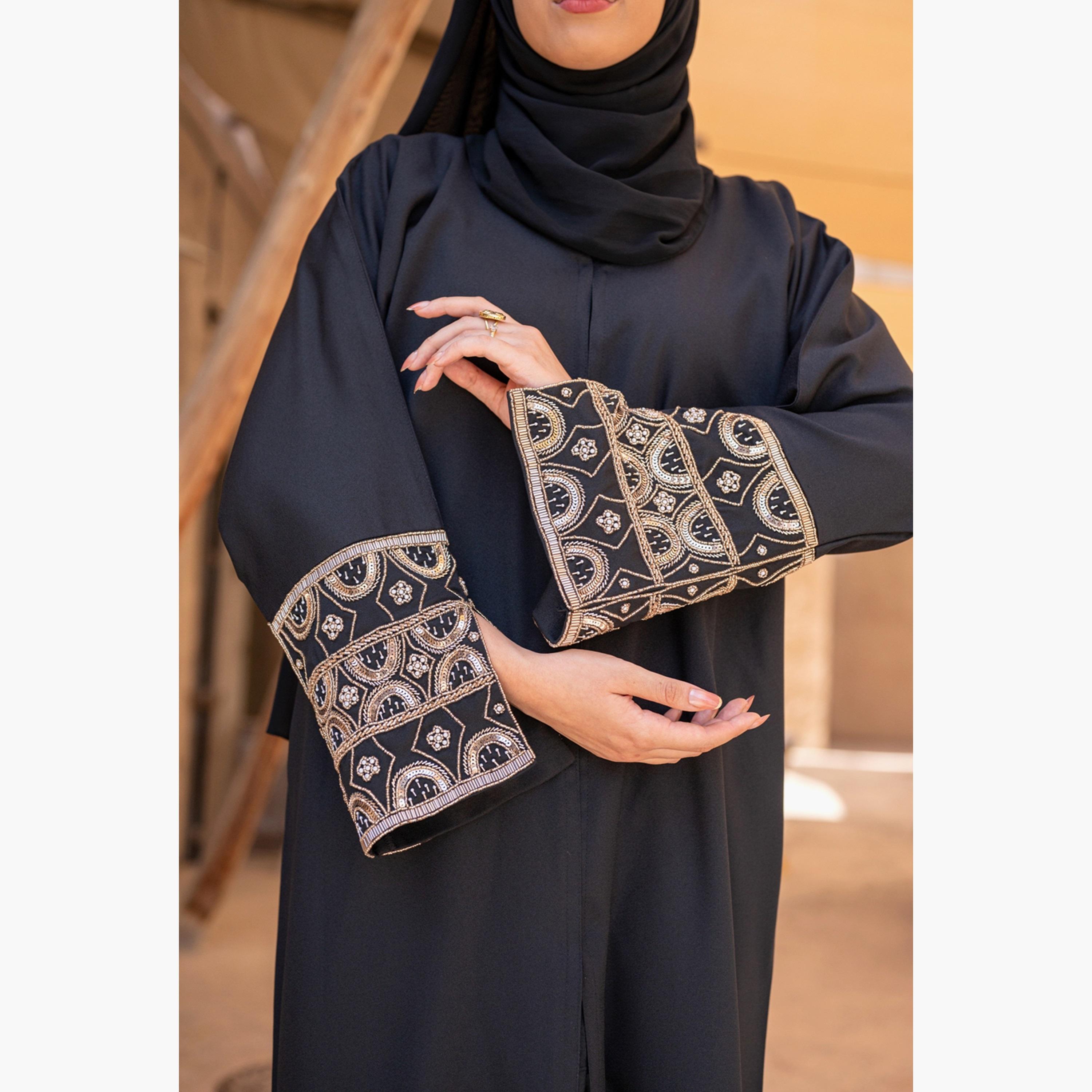 Nukhbaa Plain Beaded & Sequins Detailed Sleeves Abaya with Hijab-women-arabicclothing-abayas-image-2
