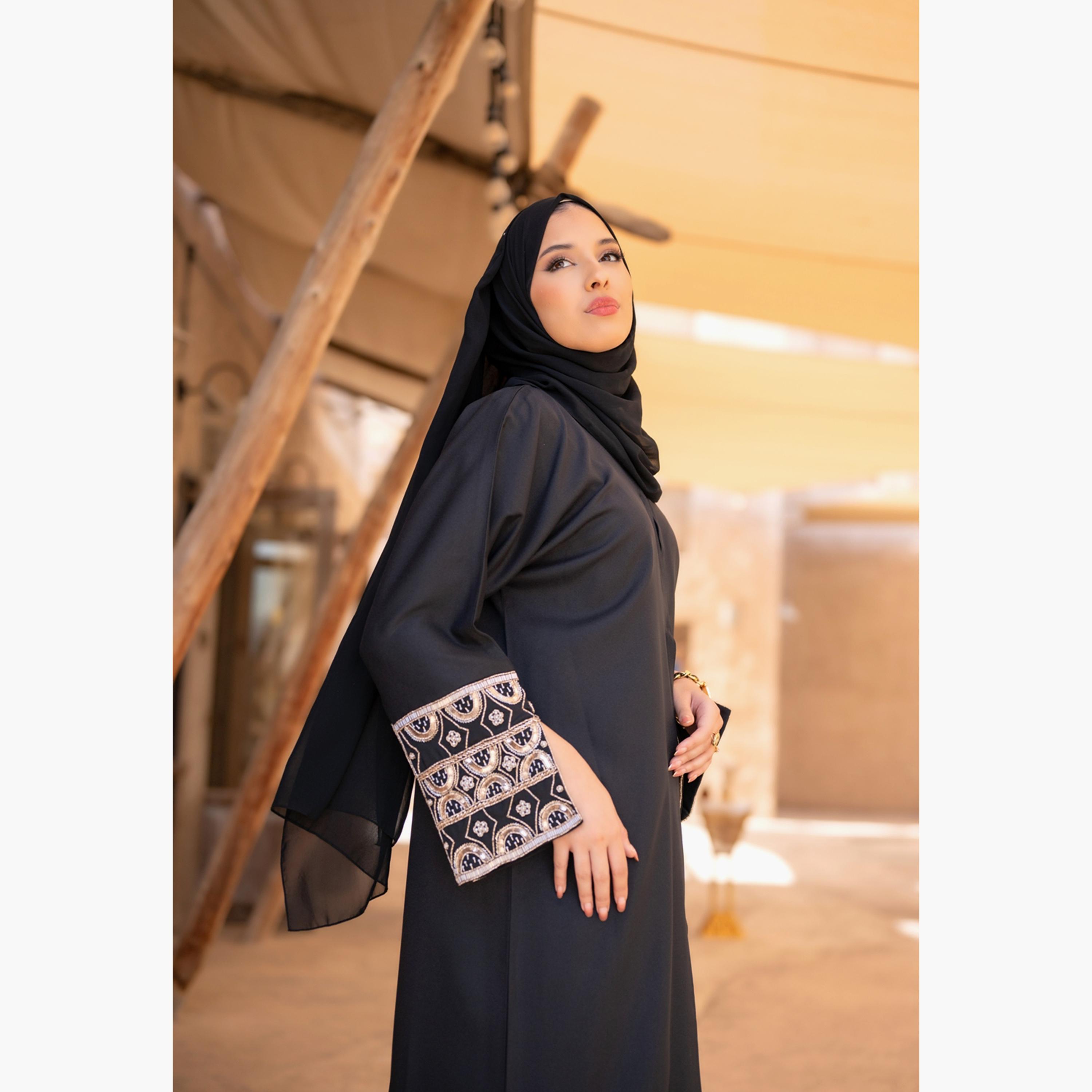 Nukhbaa Plain Beaded & Sequins Detailed Sleeves Abaya with Hijab-women-arabicclothing-abayas-image-3