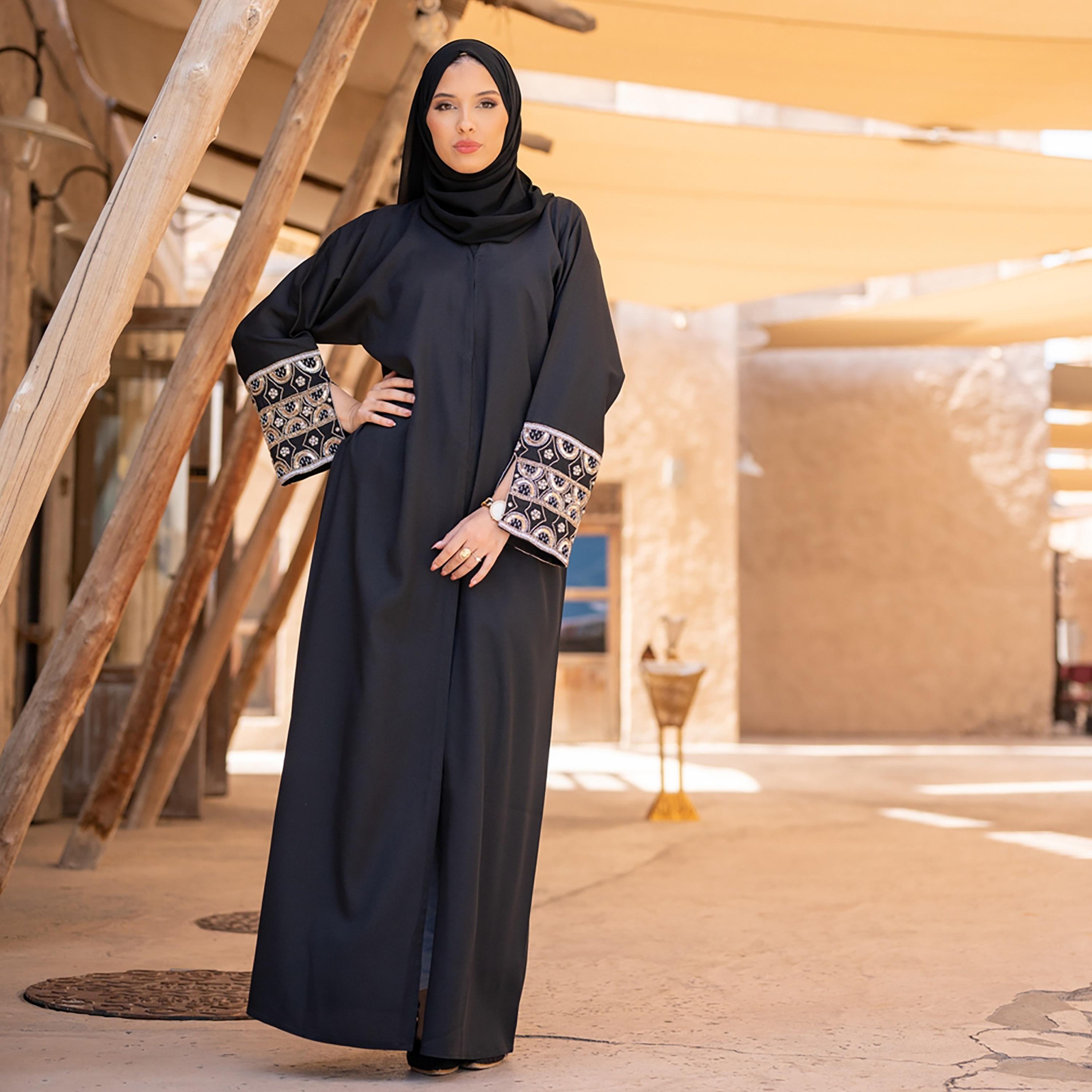 Nukhbaa Plain Beaded & Sequins Detailed Sleeves Abaya with Hijab-women-arabicclothing-abayas-image-4